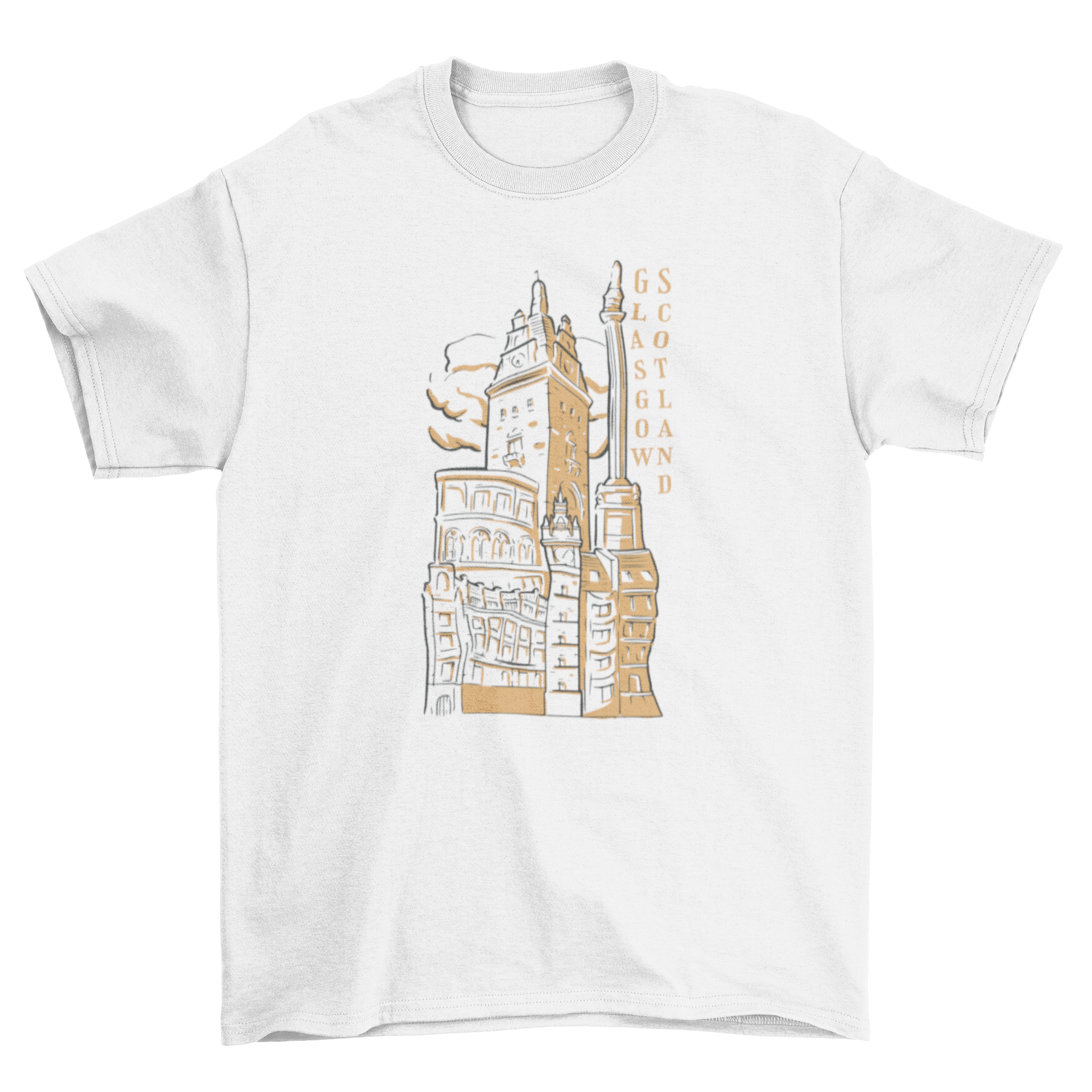 Cityscape t-shirt featuring iconic buildings of Glasgow, Scotland, showcasing a stylish design.