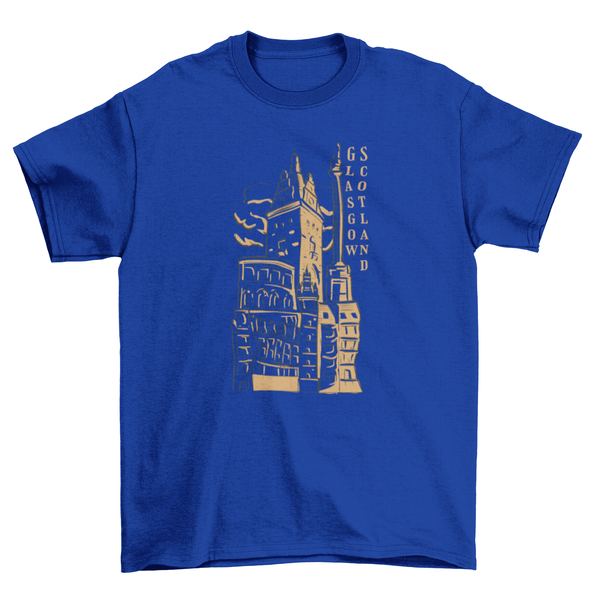 Cityscape t-shirt featuring iconic buildings of Glasgow, Scotland, showcasing a stylish design.