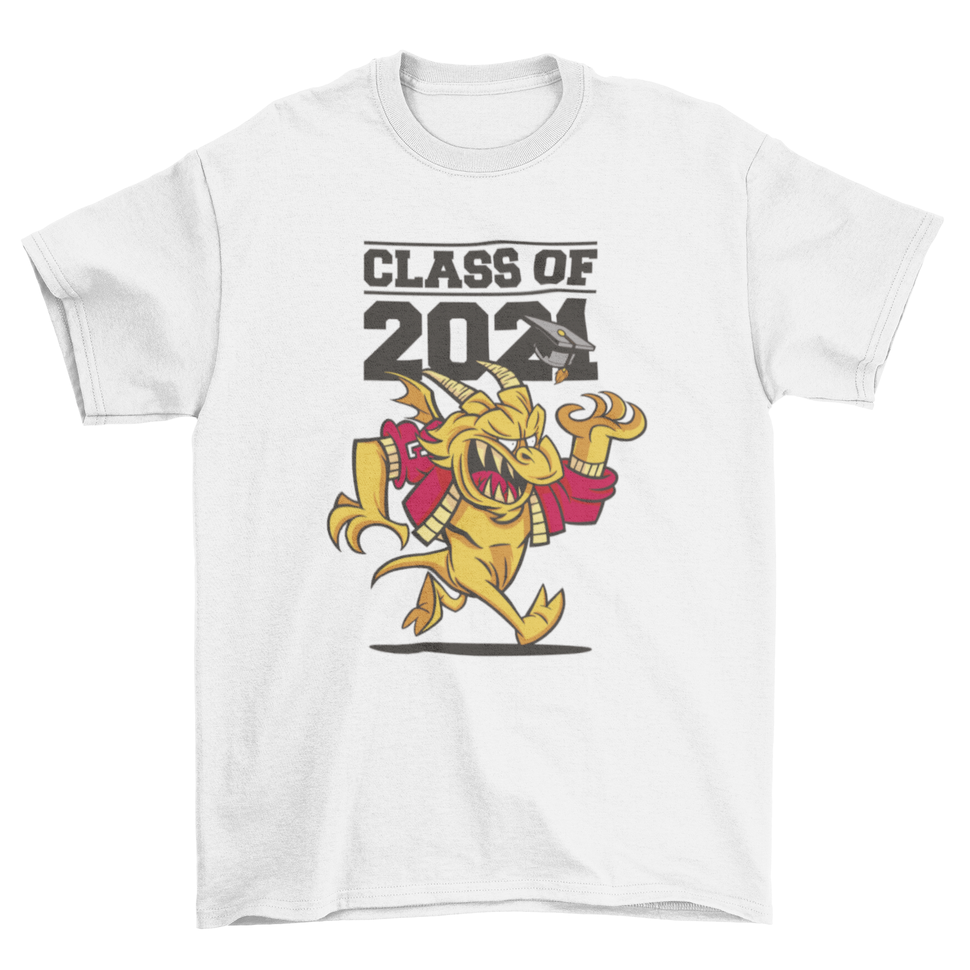 A vibrant Class of 2021 dragon cartoon t-shirt featuring a playful dragon design and graduation quote.