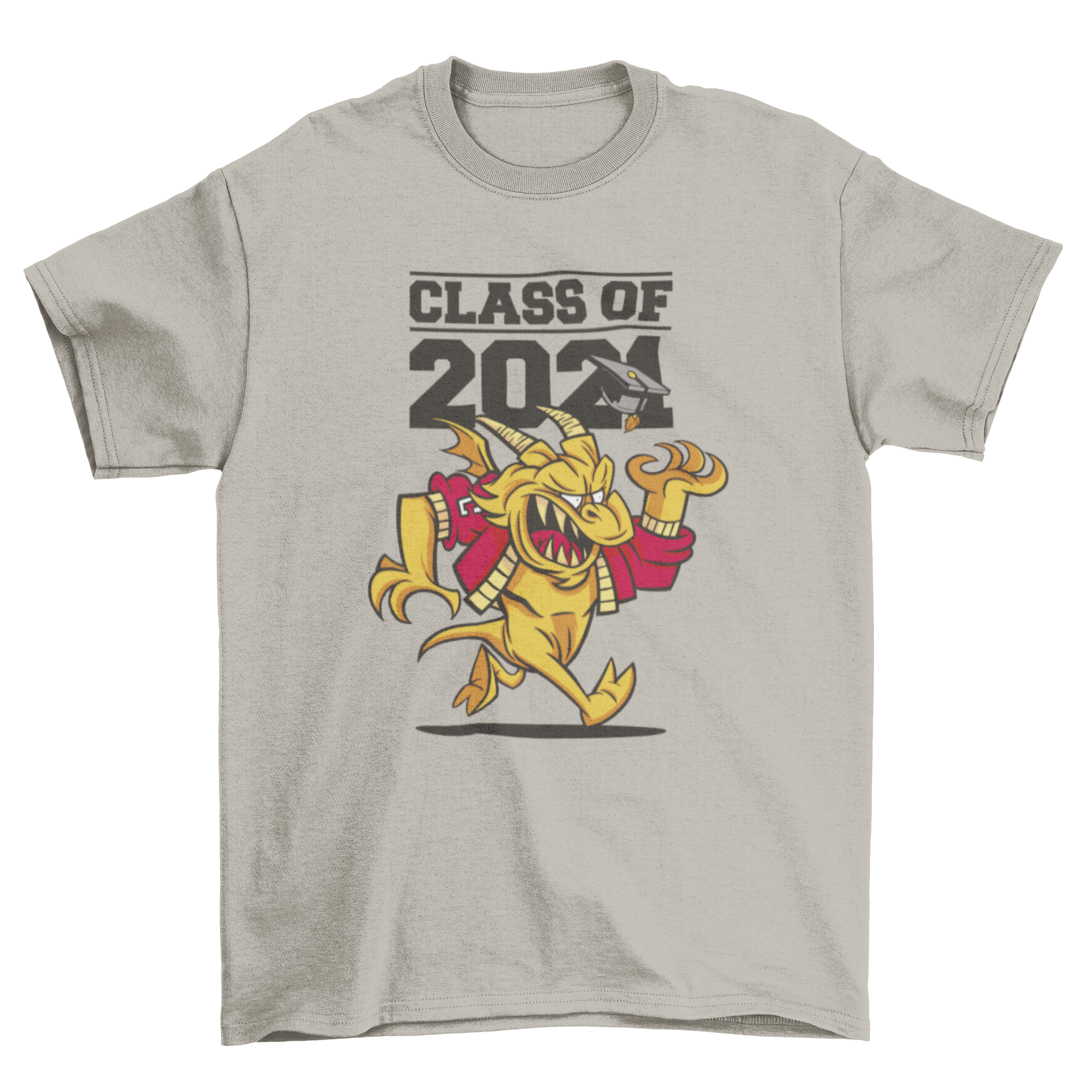 A vibrant Class of 2021 dragon cartoon t-shirt featuring a playful dragon design and graduation quote.