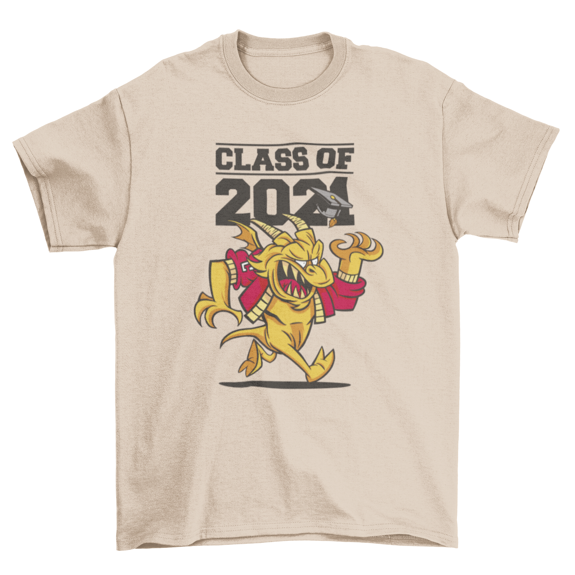 A vibrant Class of 2021 dragon cartoon t-shirt featuring a playful dragon design and graduation quote.