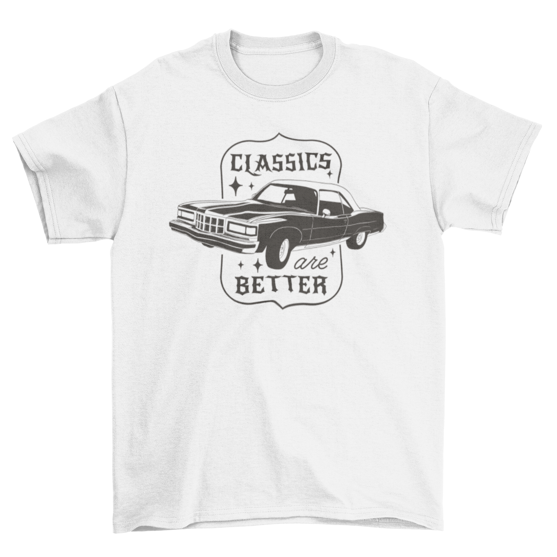 A stylish t-shirt featuring a vintage car design with the quote 'Classics are better', perfect for car enthusiasts.