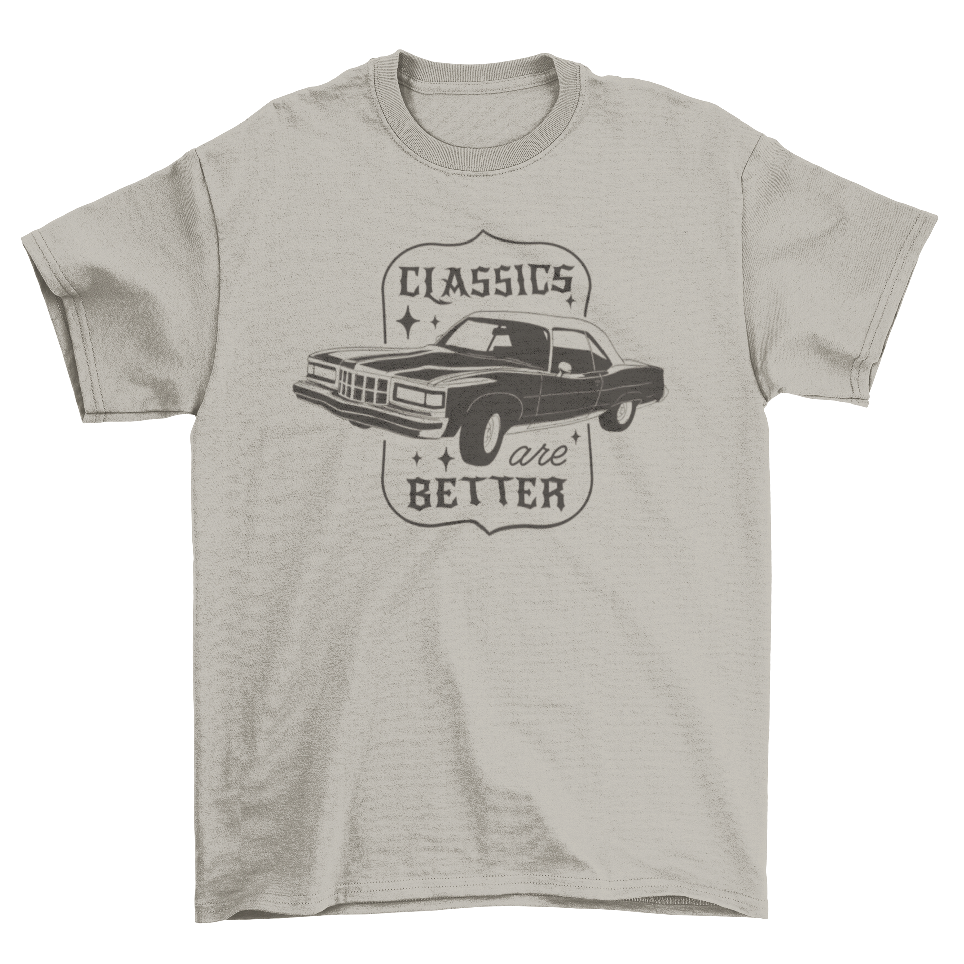 A stylish t-shirt featuring a vintage car design with the quote 'Classics are better', perfect for car enthusiasts.