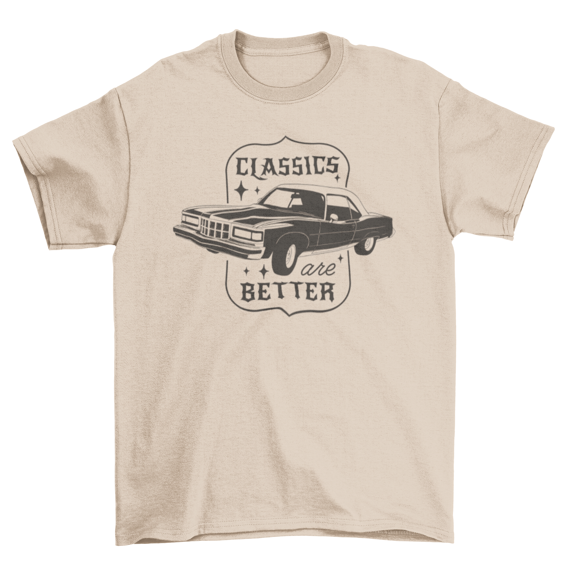 A stylish t-shirt featuring a vintage car design with the quote 'Classics are better', perfect for car enthusiasts.