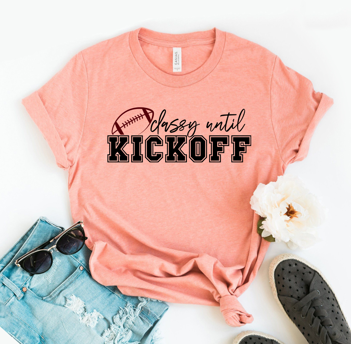 Classy Until Kickoff T-shirt made of premium ring spun cotton, featuring a soft textile flex print design, available in various sizes.