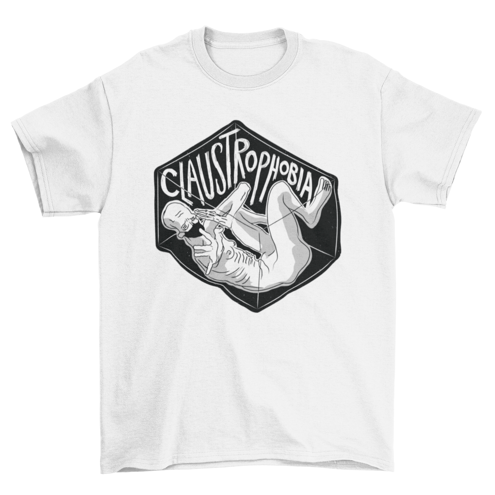 Claustrophobia fear t-shirt featuring a man trapped in a glass box with the caption 'Claustrophobia'.