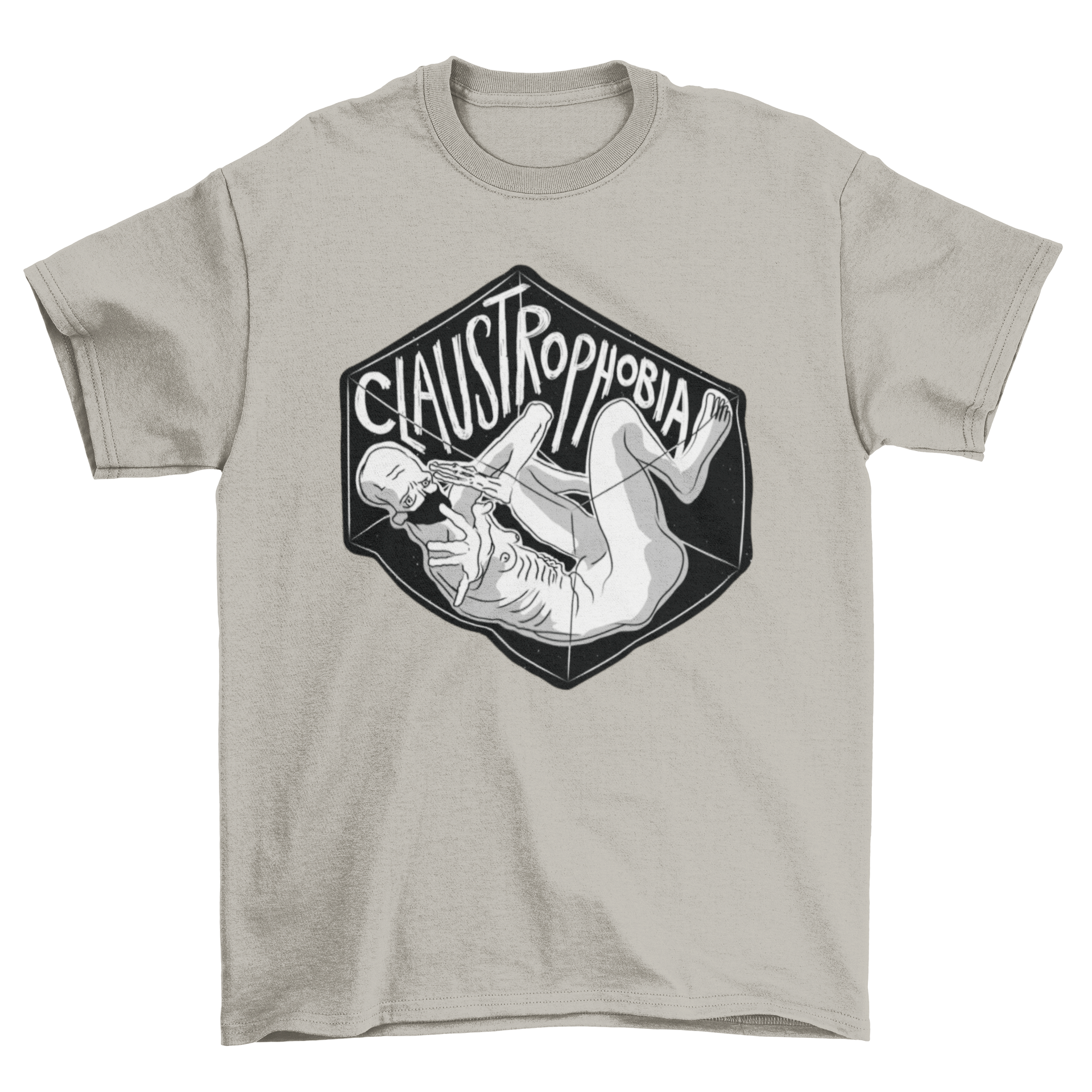 Claustrophobia fear t-shirt featuring a man trapped in a glass box with the caption 'Claustrophobia'.