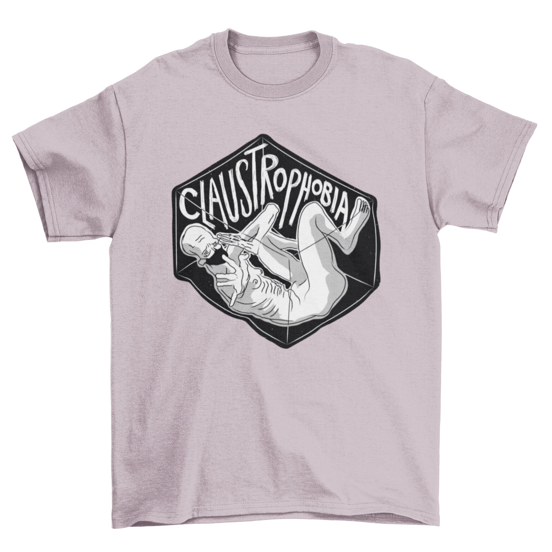 Claustrophobia fear t-shirt featuring a man trapped in a glass box with the caption 'Claustrophobia'.