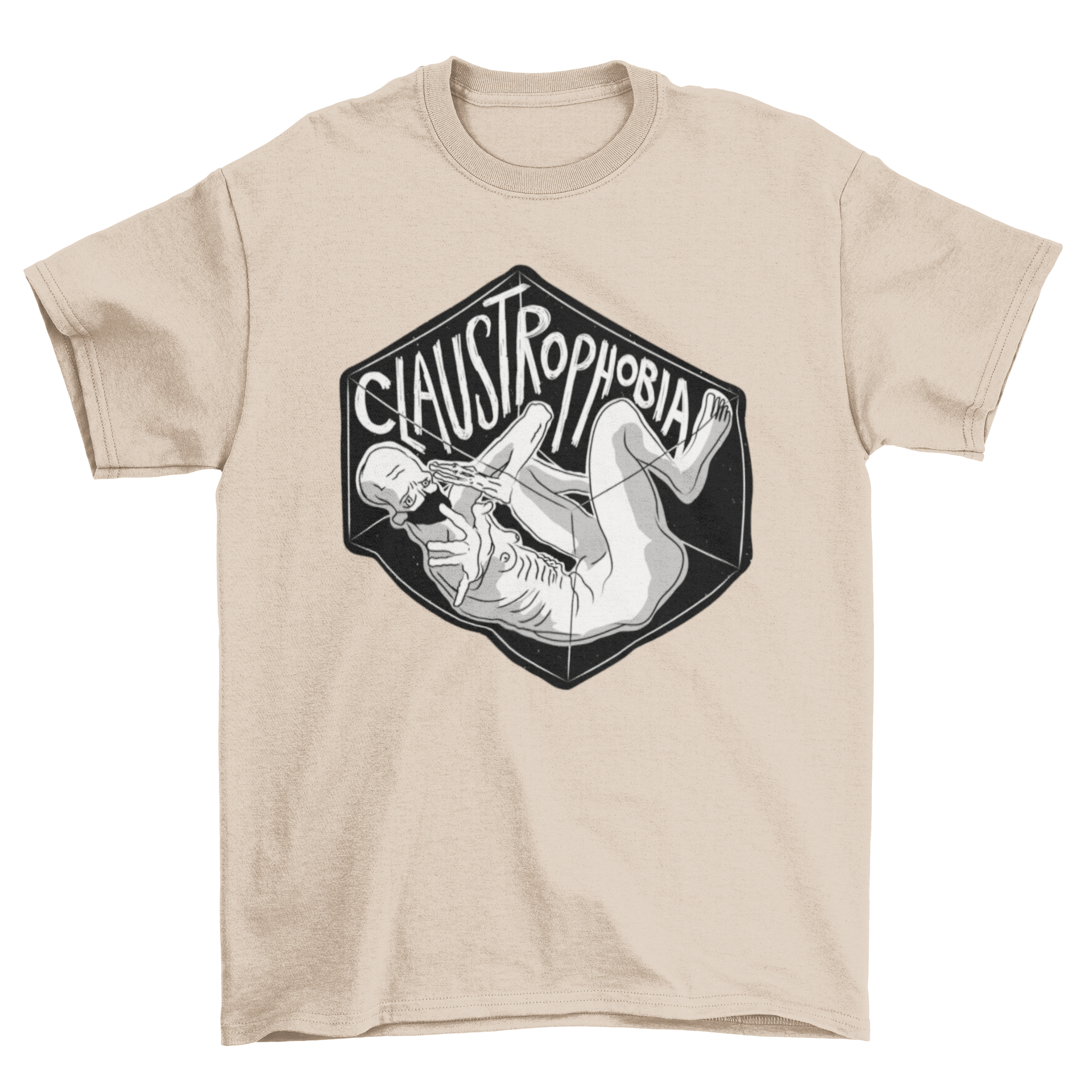 Claustrophobia fear t-shirt featuring a man trapped in a glass box with the caption 'Claustrophobia'.