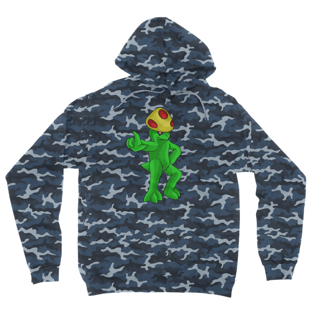 Clawmep Camouflage Adult Hoodie featuring a classic camo print, kangaroo pouch pocket, and double fabric hood.