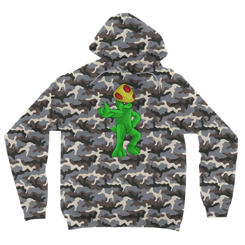 Clawmep Camouflage Adult Hoodie featuring a classic camo print, kangaroo pouch pocket, and double fabric hood.