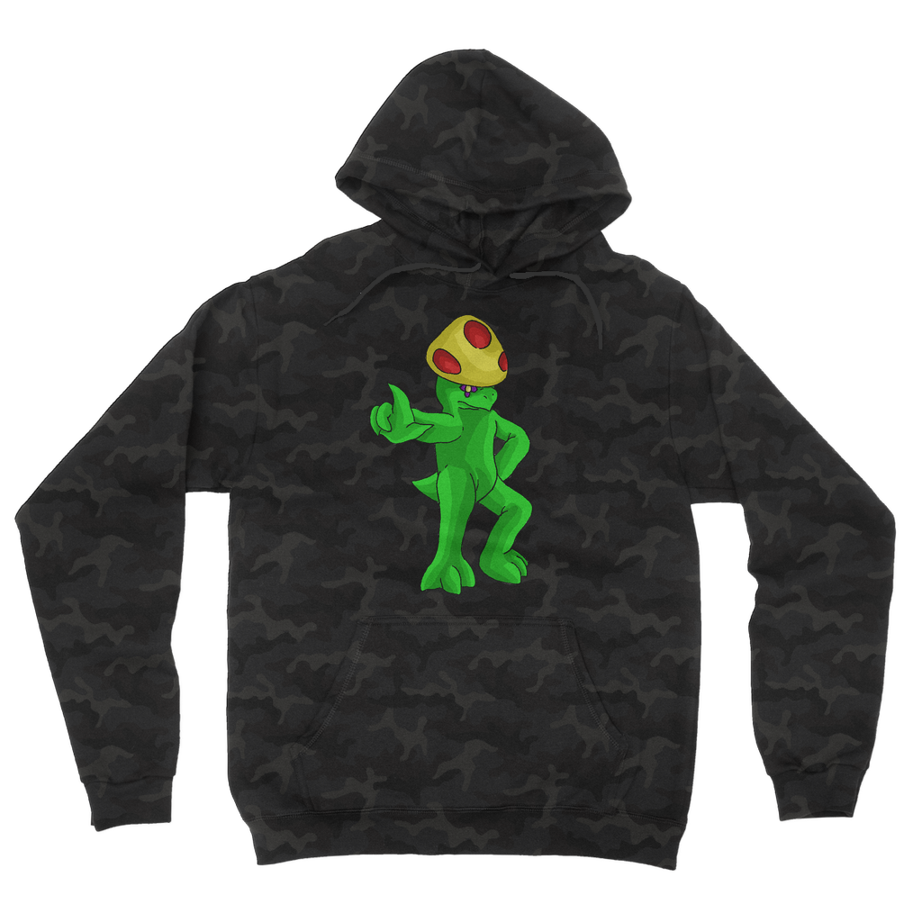 Clawmep Camouflage Adult Hoodie featuring a classic camo print, kangaroo pouch pocket, and double fabric hood.