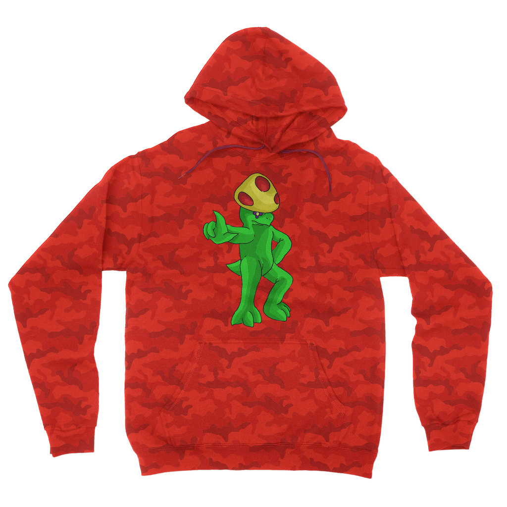 Clawmep Camouflage Adult Hoodie featuring a classic camo print, kangaroo pouch pocket, and double fabric hood.