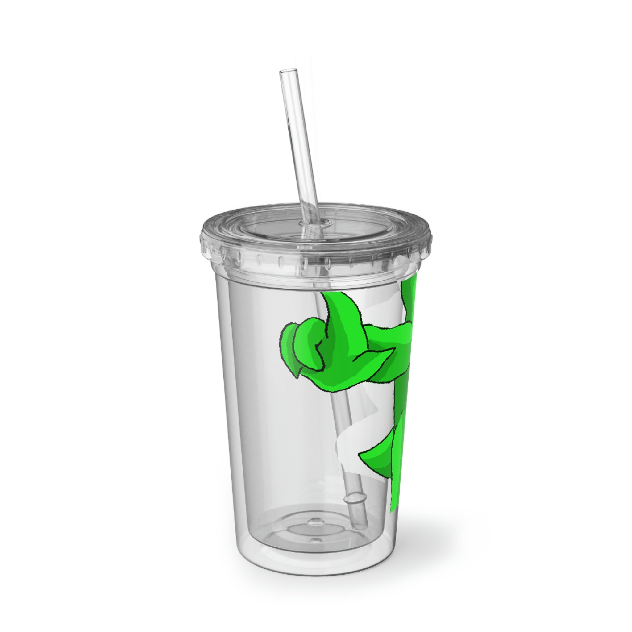 Clawmep Suave Acrylic Cup in stainless steel with a black screw-on cap and plastic straw, showcasing a customizable design.