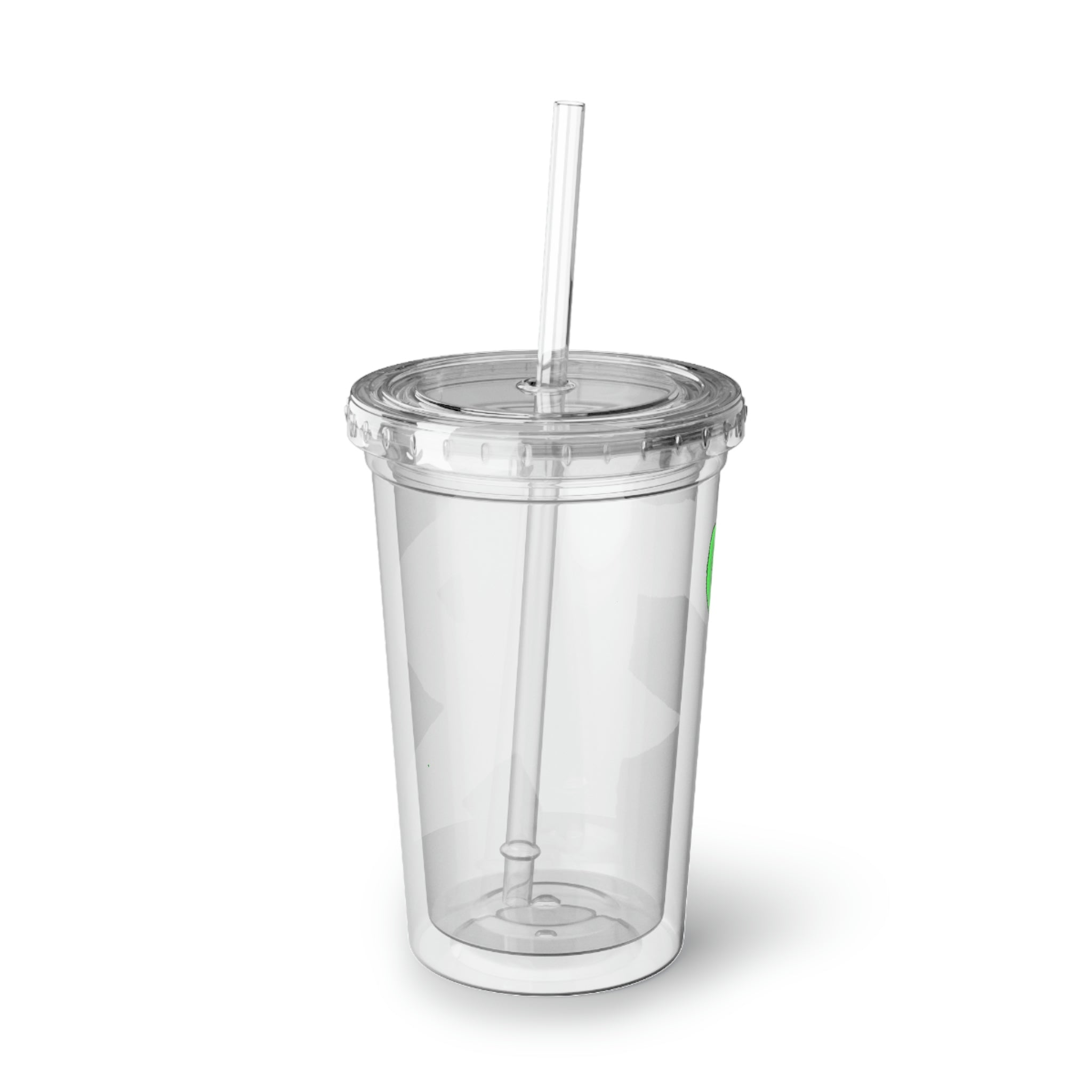 Clawmep Suave Acrylic Cup in stainless steel with a black screw-on cap and plastic straw, showcasing a customizable design.