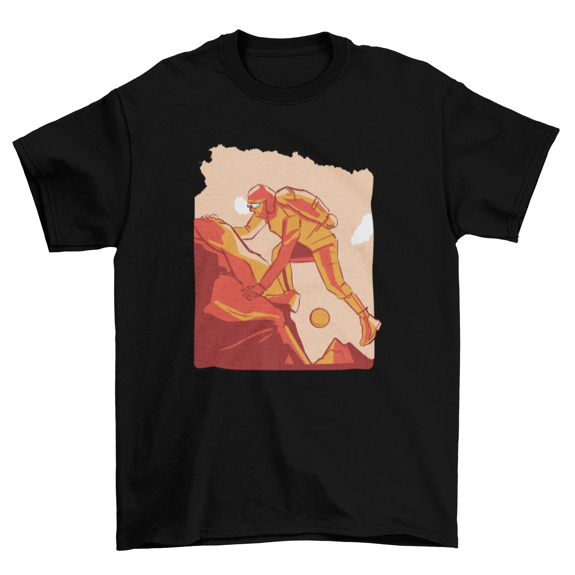 A stylish t-shirt featuring an illustration of a man climbing a mountain, perfect for outdoor enthusiasts.