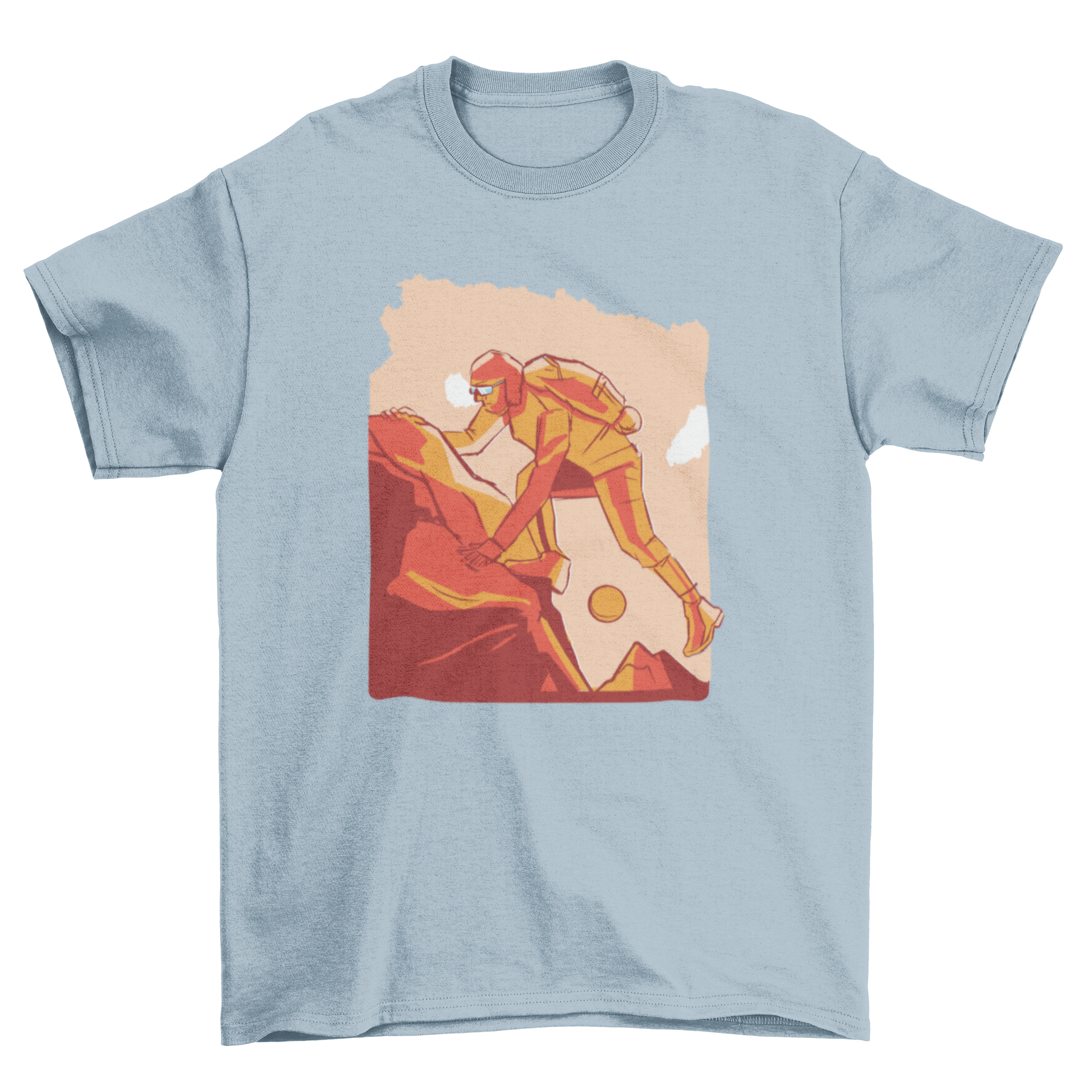 A stylish t-shirt featuring an illustration of a man climbing a mountain, perfect for outdoor enthusiasts.