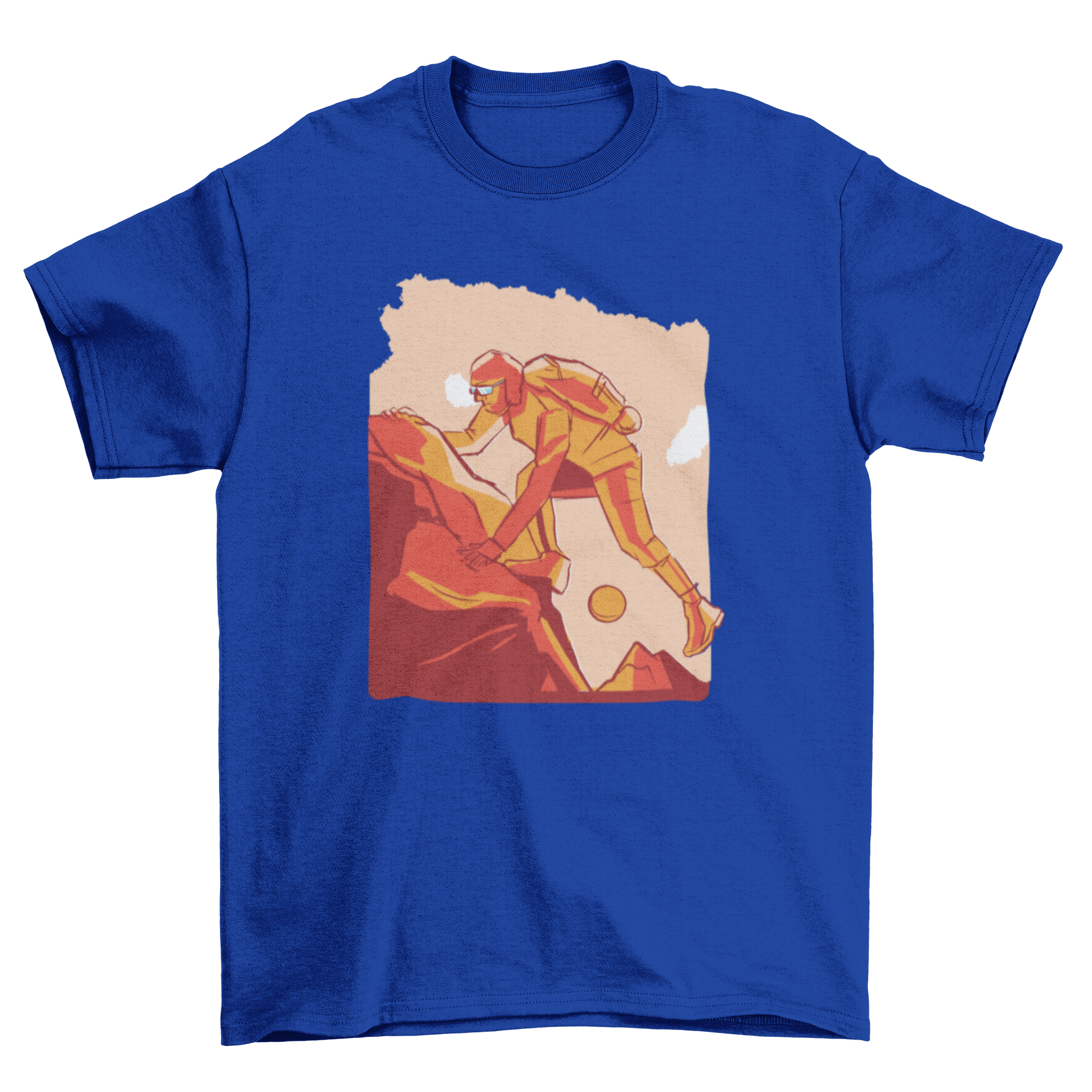 A stylish t-shirt featuring an illustration of a man climbing a mountain, perfect for outdoor enthusiasts.