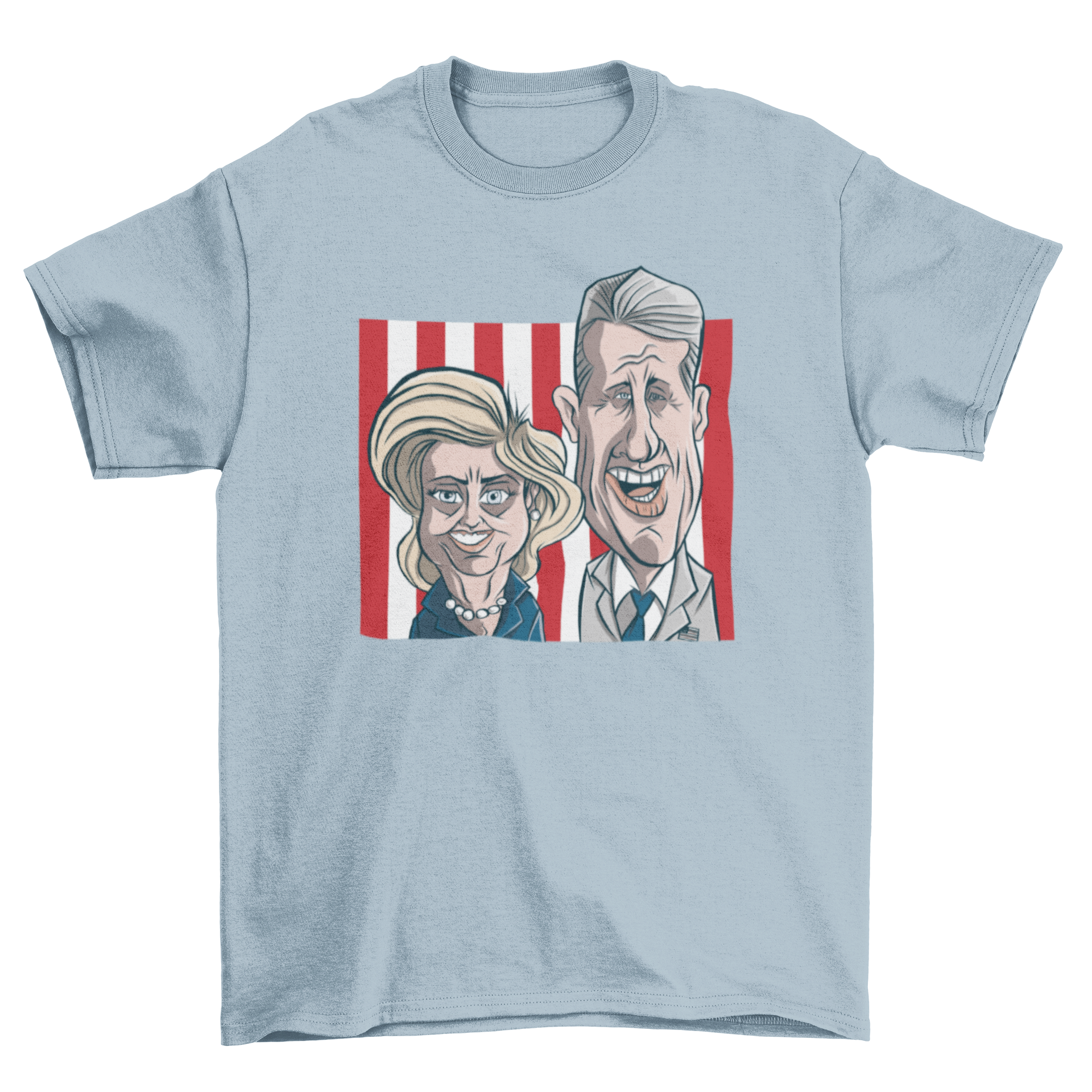 Clinton Couple Cartoon T-Shirt featuring Bill and Hillary Clinton in a colorful cartoon design.