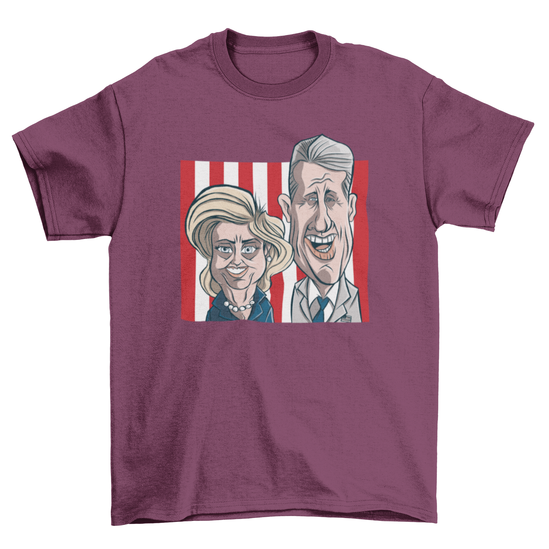 Clinton Couple Cartoon T-Shirt featuring Bill and Hillary Clinton in a colorful cartoon design.