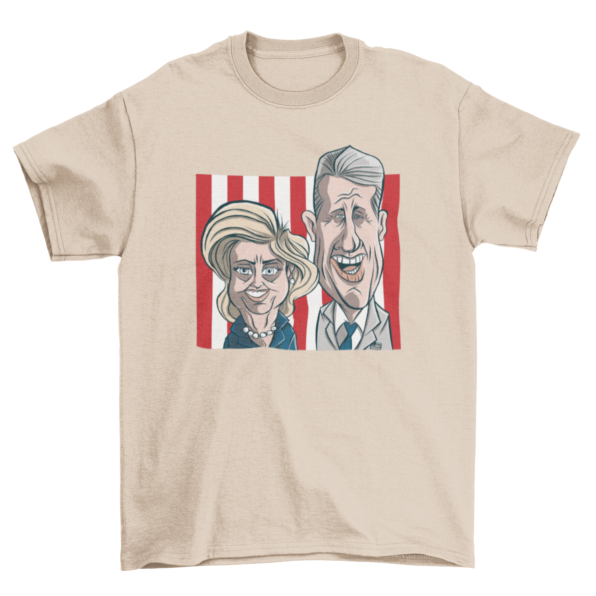 Clinton Couple Cartoon T-Shirt featuring Bill and Hillary Clinton in a colorful cartoon design.