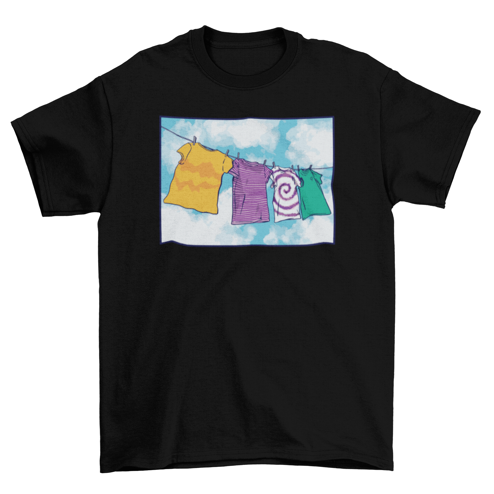 A stylish t-shirt featuring a playful design of four t-shirts hanging on a clothes line, showcasing creativity and fun.