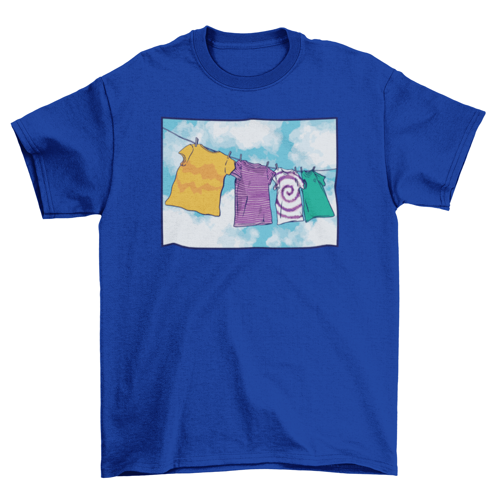 A stylish t-shirt featuring a playful design of four t-shirts hanging on a clothes line, showcasing creativity and fun.