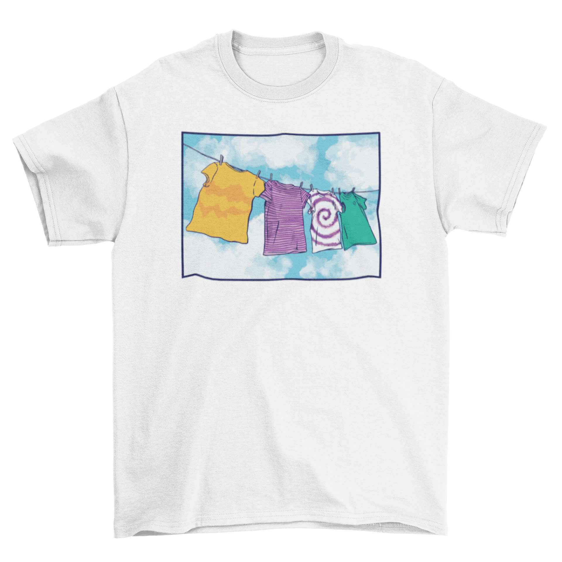 A stylish t-shirt featuring a playful design of four t-shirts hanging on a clothes line, showcasing creativity and fun.