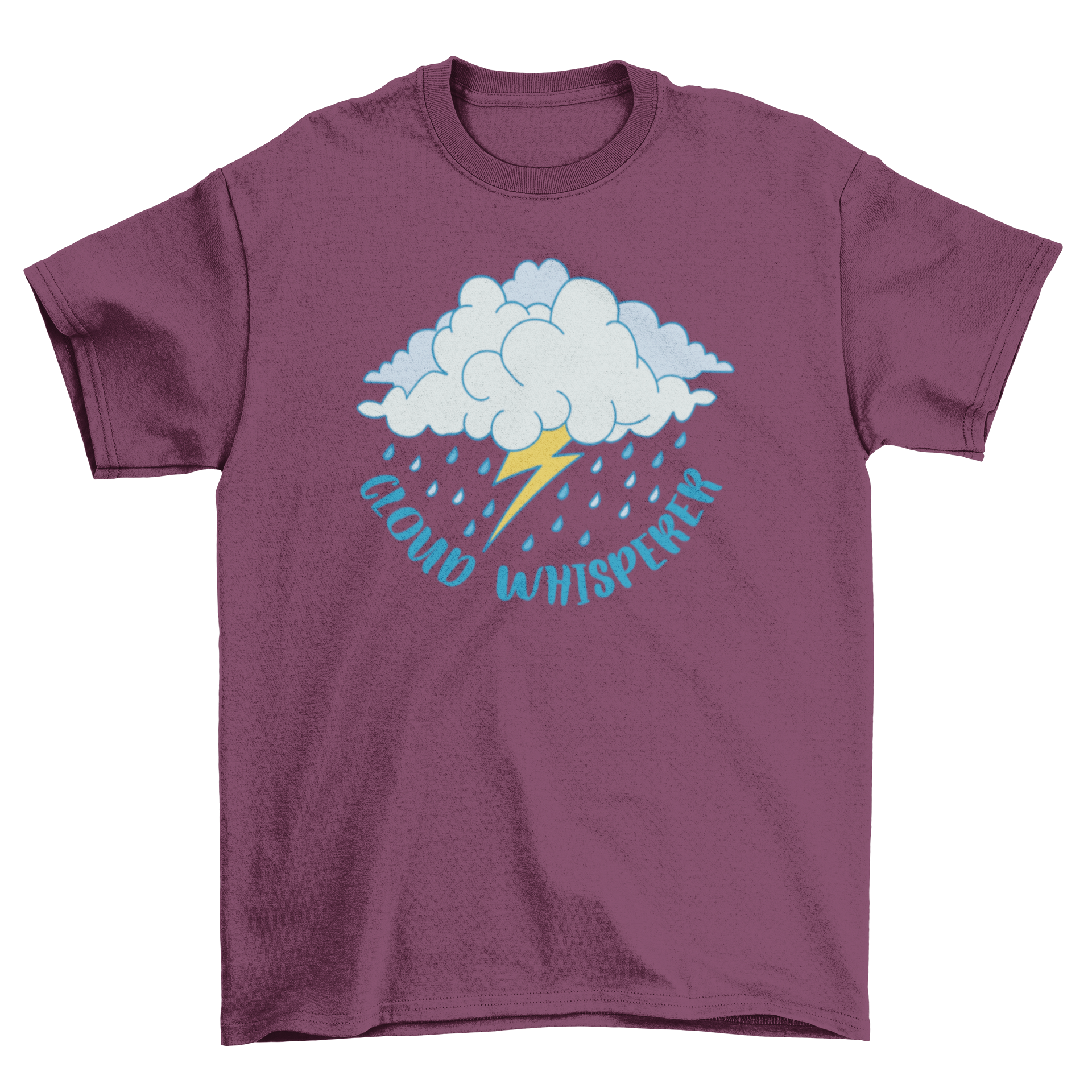 A stylish t-shirt featuring a cloud and thunderbolt design with the quote 'Cloud whisperer'.