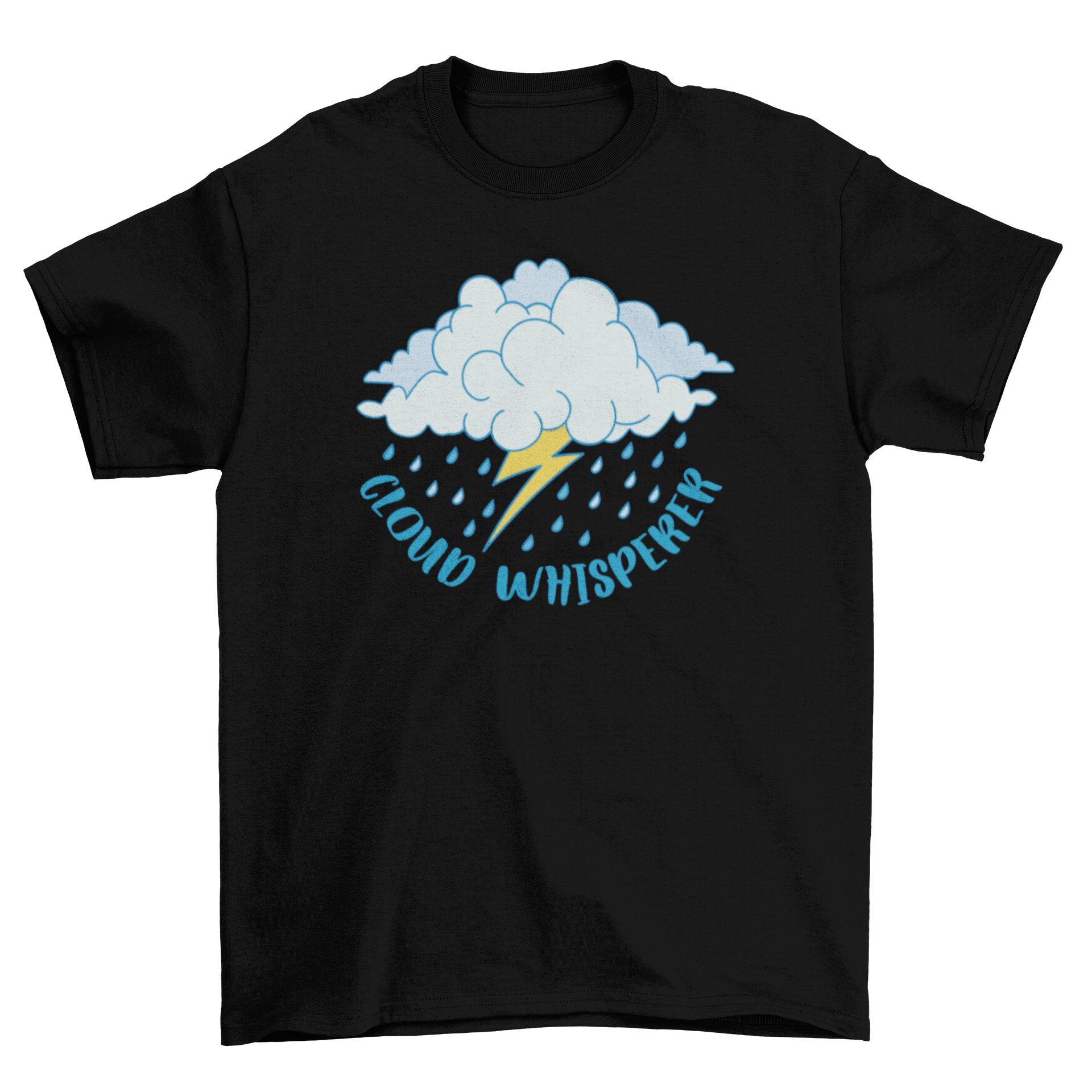 A stylish t-shirt featuring a cloud and thunderbolt design with the quote 'Cloud whisperer'.