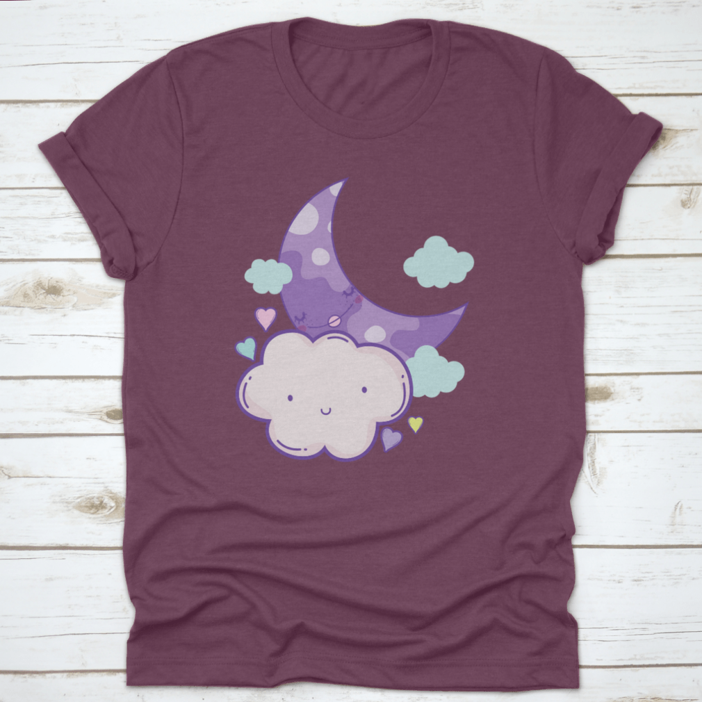 A cute cartoon shirt featuring clouds and a moon design, made from soft cotton fabric.