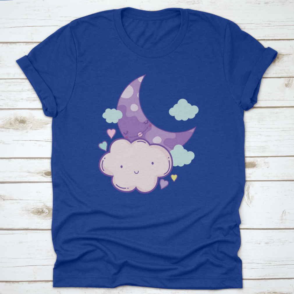 A cute cartoon shirt featuring clouds and a moon design, made from soft cotton fabric.