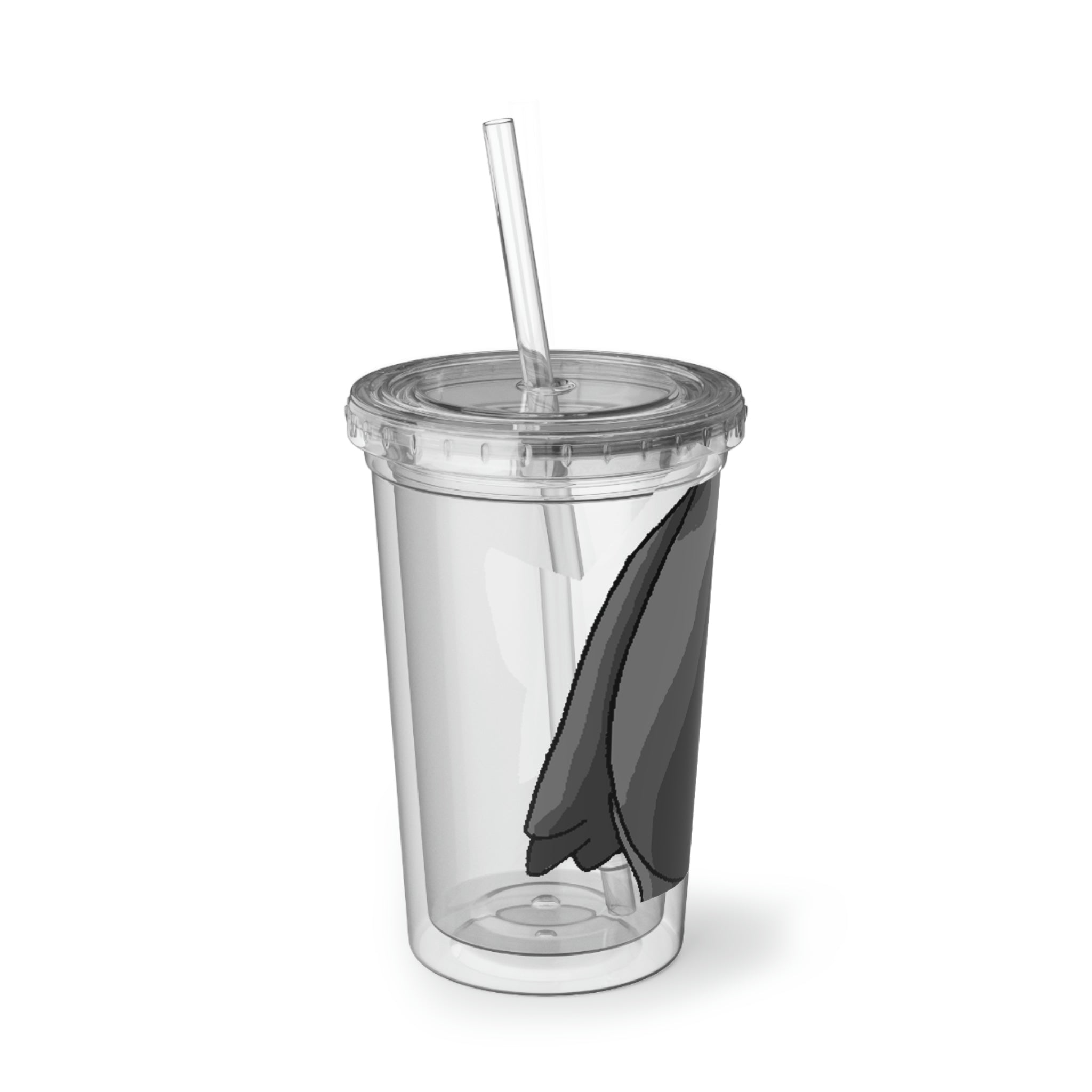 Cloudydo Suave Acrylic Cup in stainless steel with a black screw-on cap and plastic straw, showcasing a customizable design.