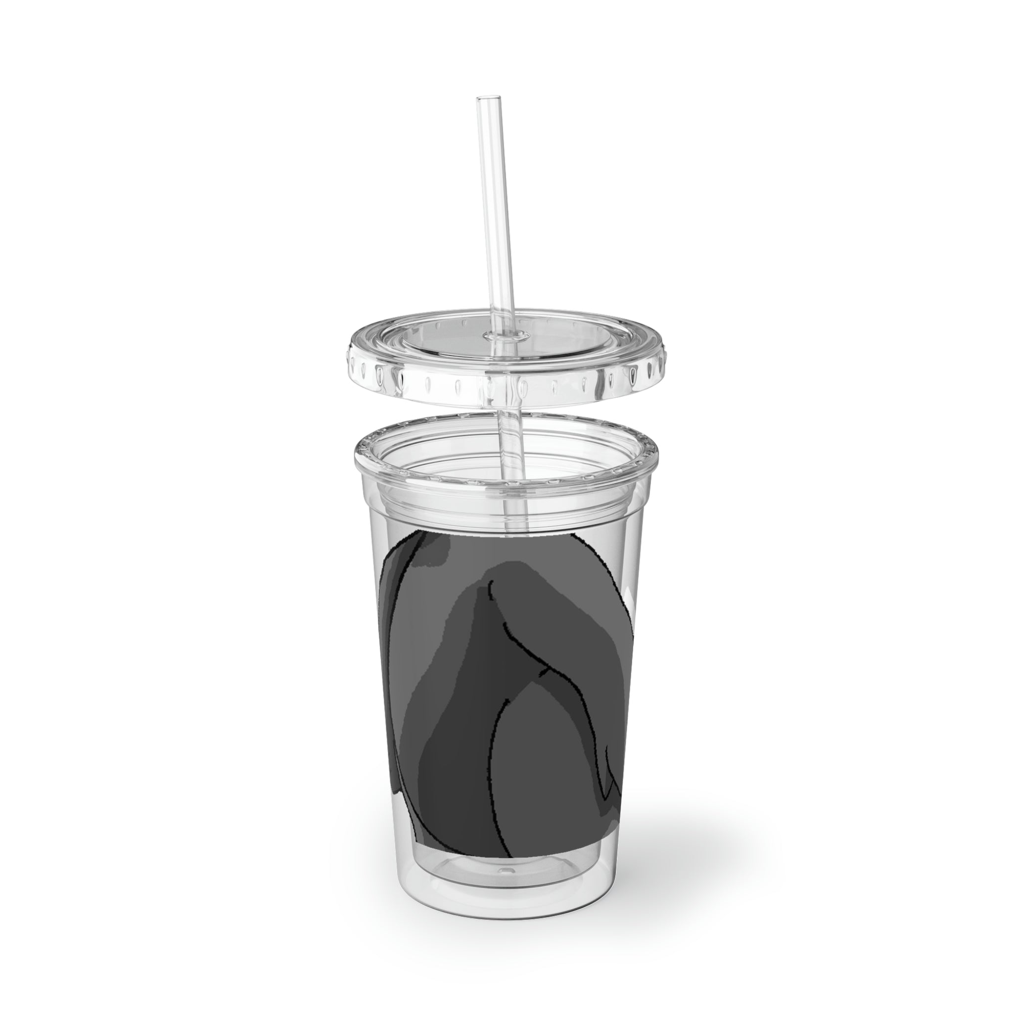 Cloudydo Suave Acrylic Cup in stainless steel with a black screw-on cap and plastic straw, showcasing a customizable design.