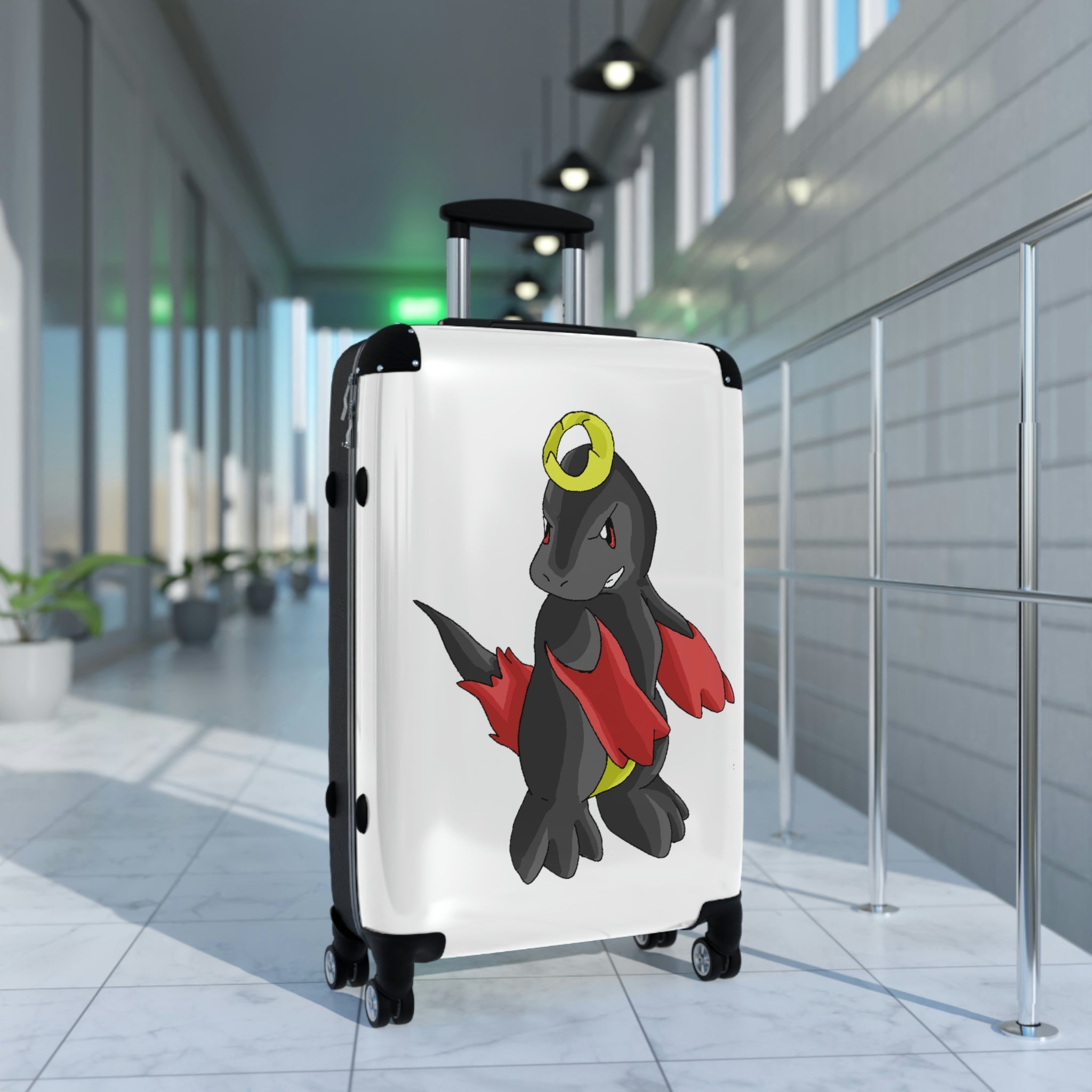 Cloudyking Cabin Suitcase with personalized design, showcasing its polycarbonate front and ABS back, adjustable handle, and 360° swivel wheels.