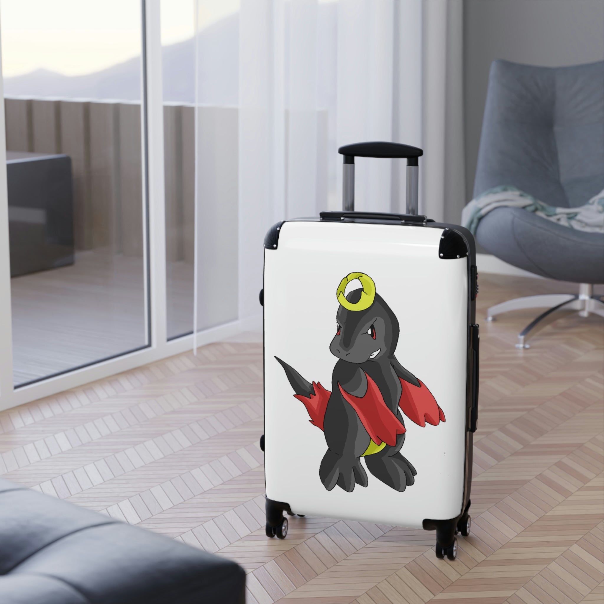 Cloudyking Cabin Suitcase with personalized design, showcasing its polycarbonate front and ABS back, adjustable handle, and 360° swivel wheels.