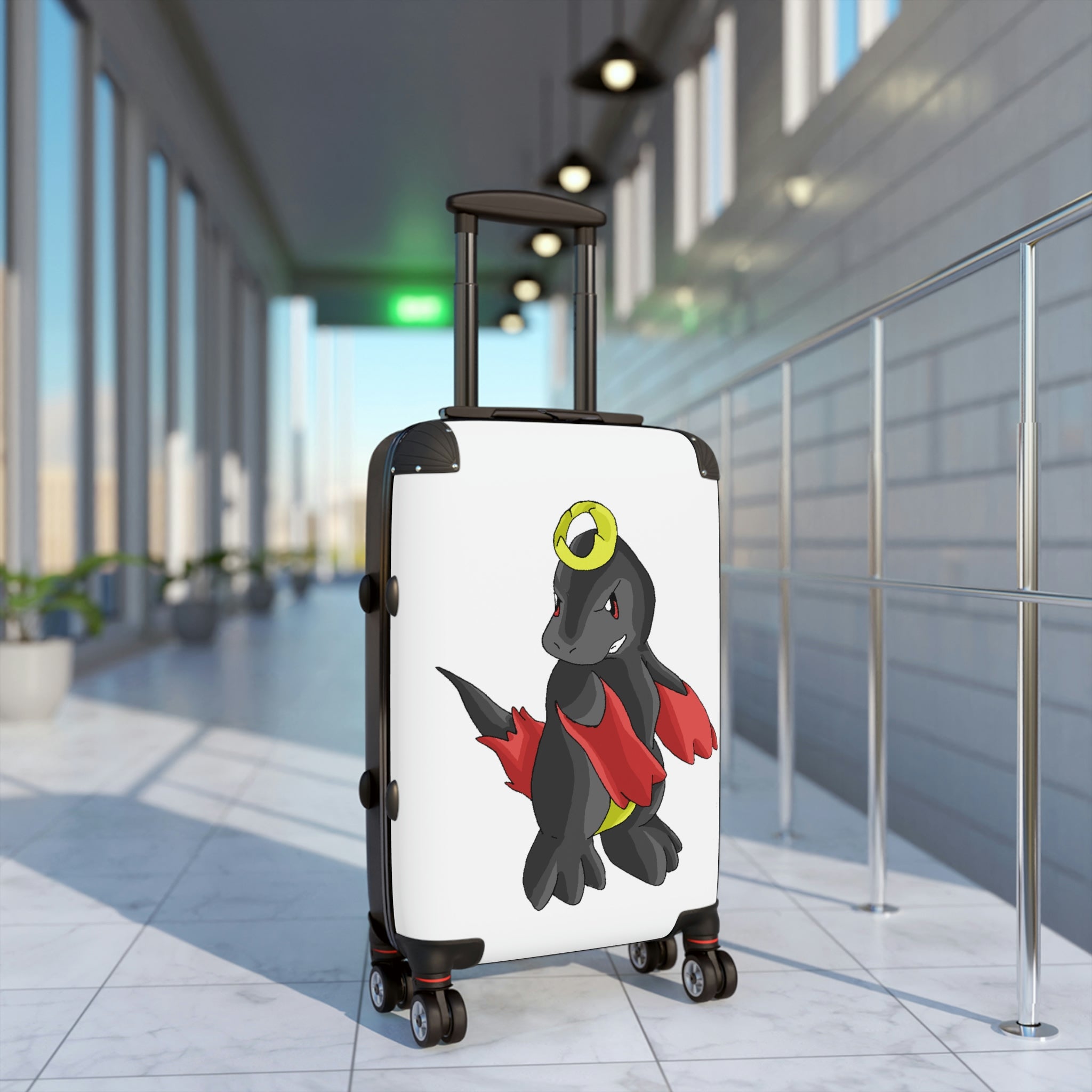 Cloudyking Cabin Suitcase with personalized design, showcasing its polycarbonate front and ABS back, adjustable handle, and 360° swivel wheels.