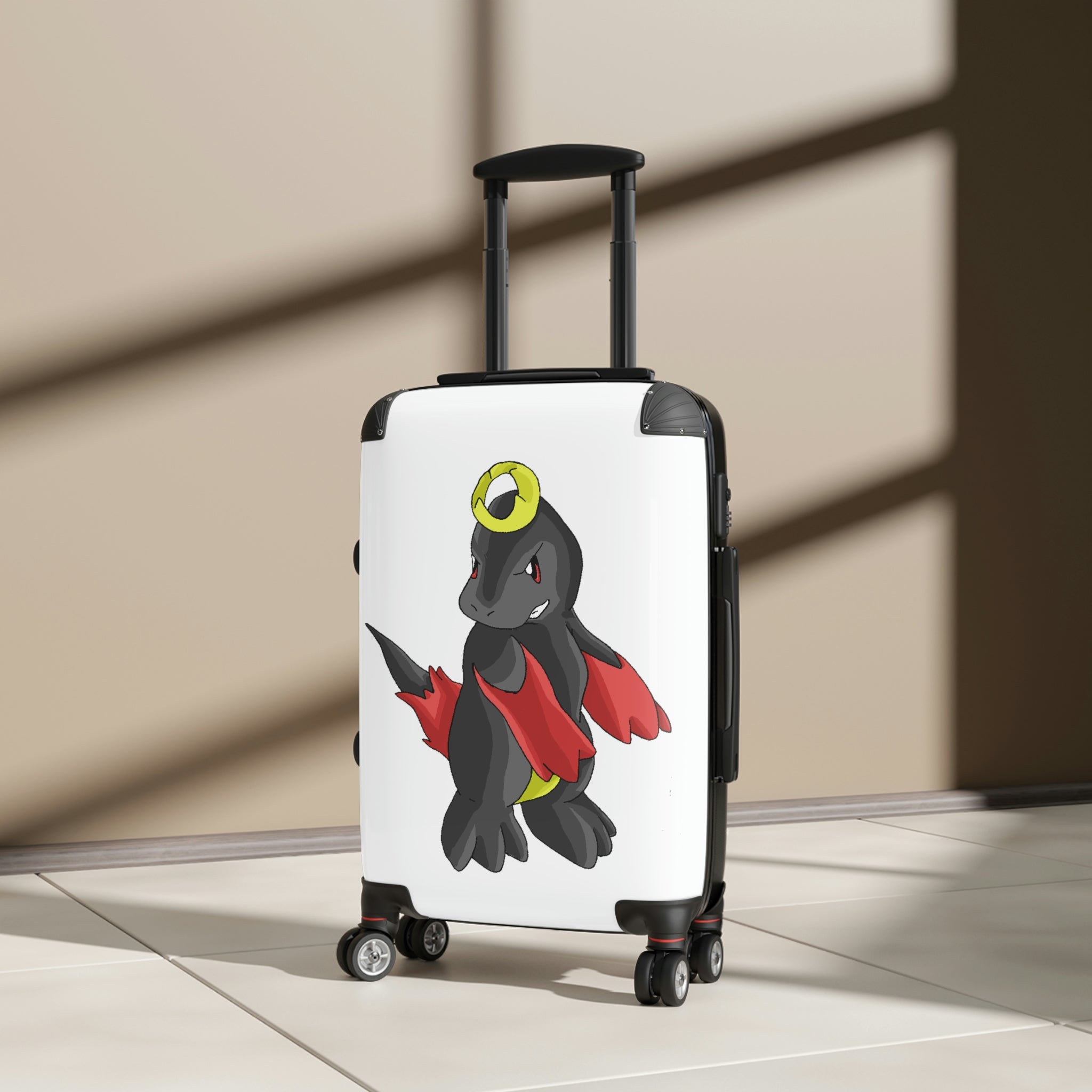 Cloudyking Cabin Suitcase with personalized design, showcasing its polycarbonate front and ABS back, adjustable handle, and 360° swivel wheels.