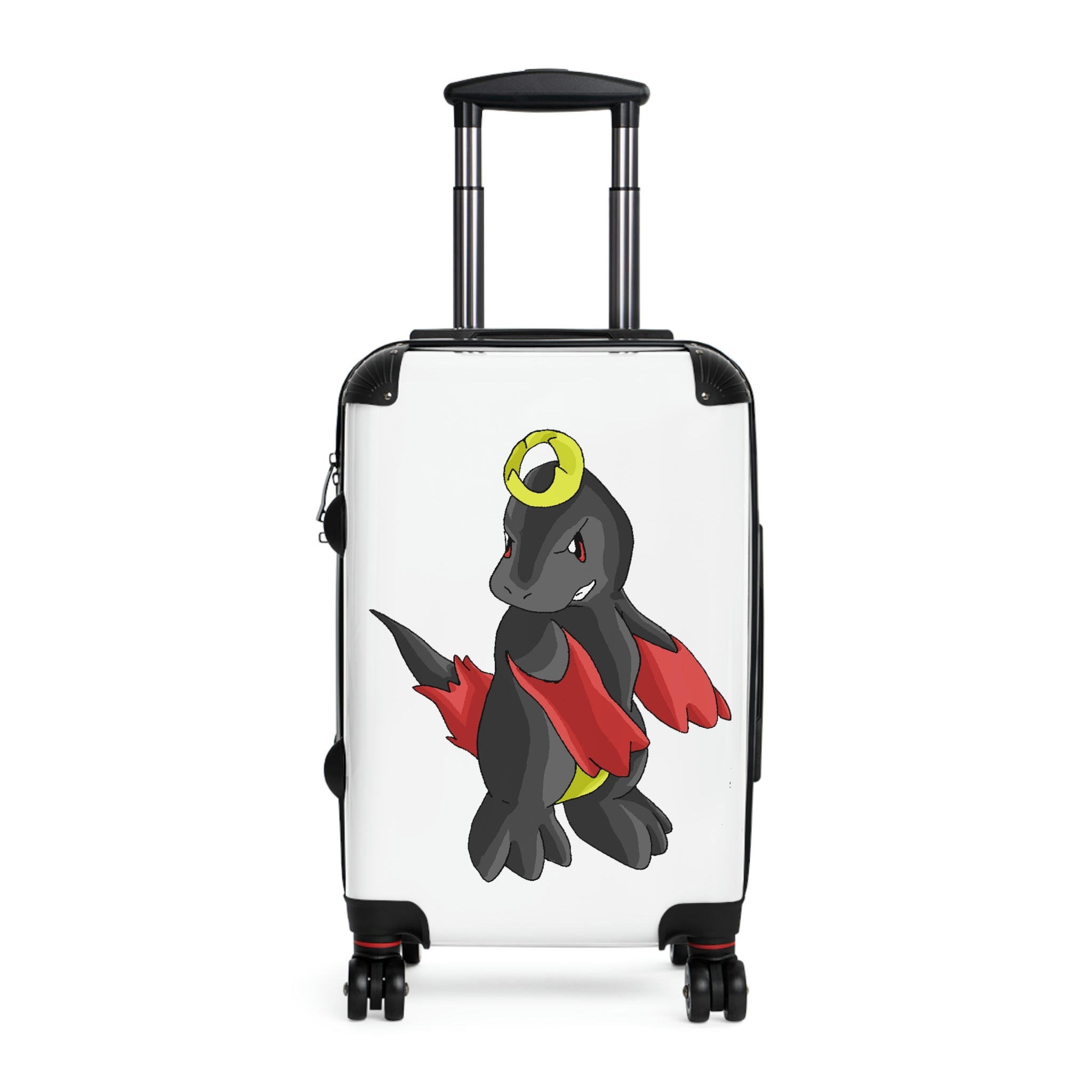 Cloudyking Cabin Suitcase with personalized design, showcasing its polycarbonate front and ABS back, adjustable handle, and 360° swivel wheels.