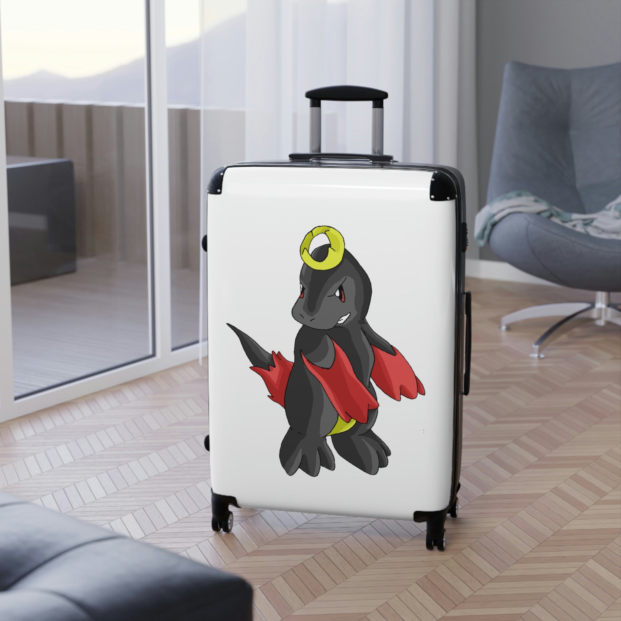 Cloudyking Cabin Suitcase with personalized design, showcasing its polycarbonate front and ABS back, adjustable handle, and 360° swivel wheels.