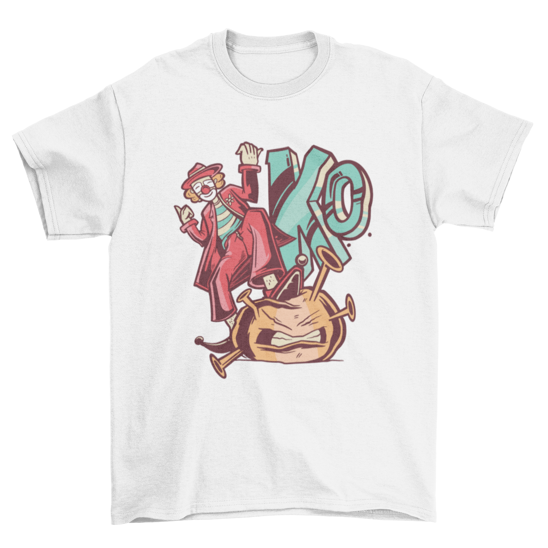 A colorful t-shirt featuring a clown humorously depicted as killing the coronavirus, showcasing a fun design.