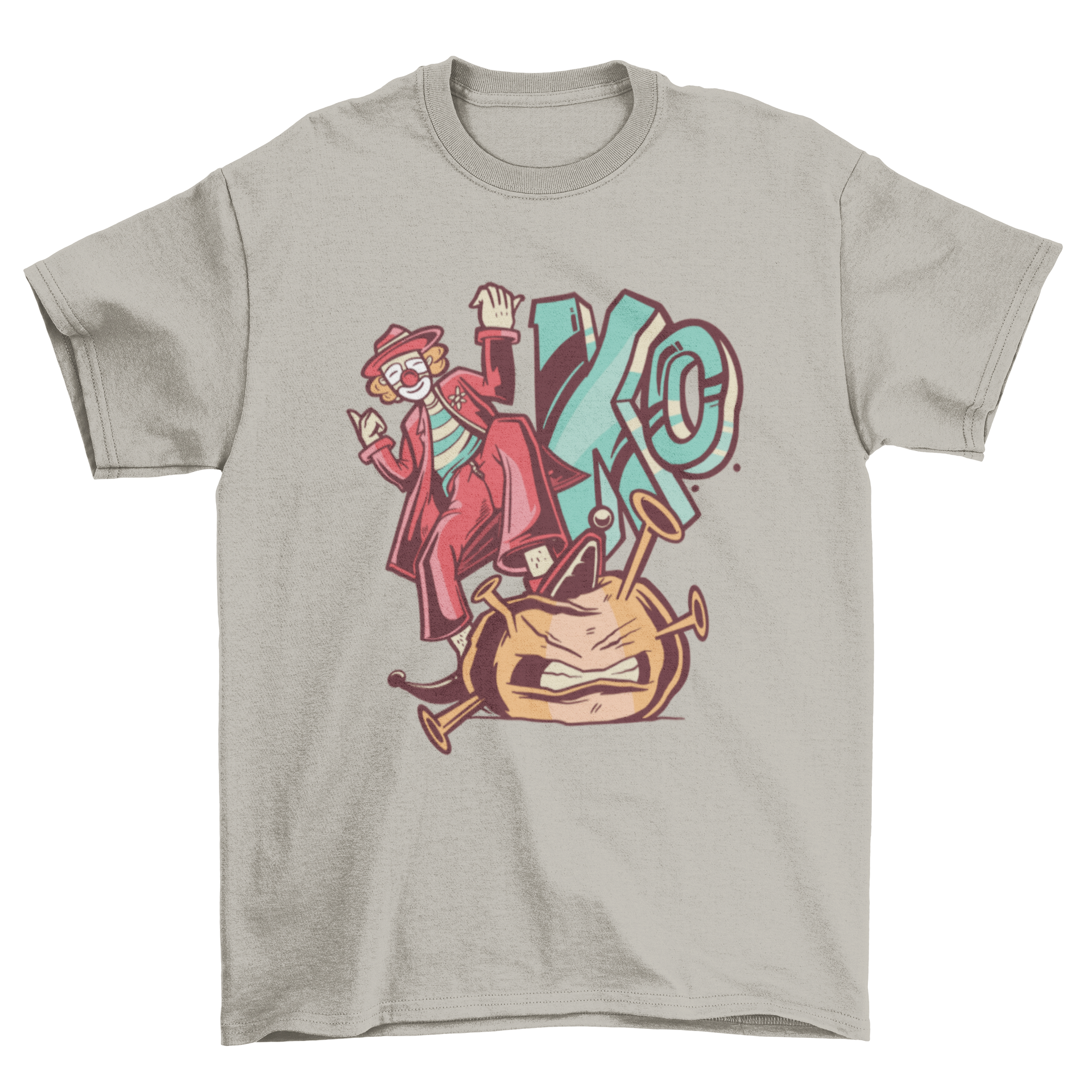 A colorful t-shirt featuring a clown humorously depicted as killing the coronavirus, showcasing a fun design.