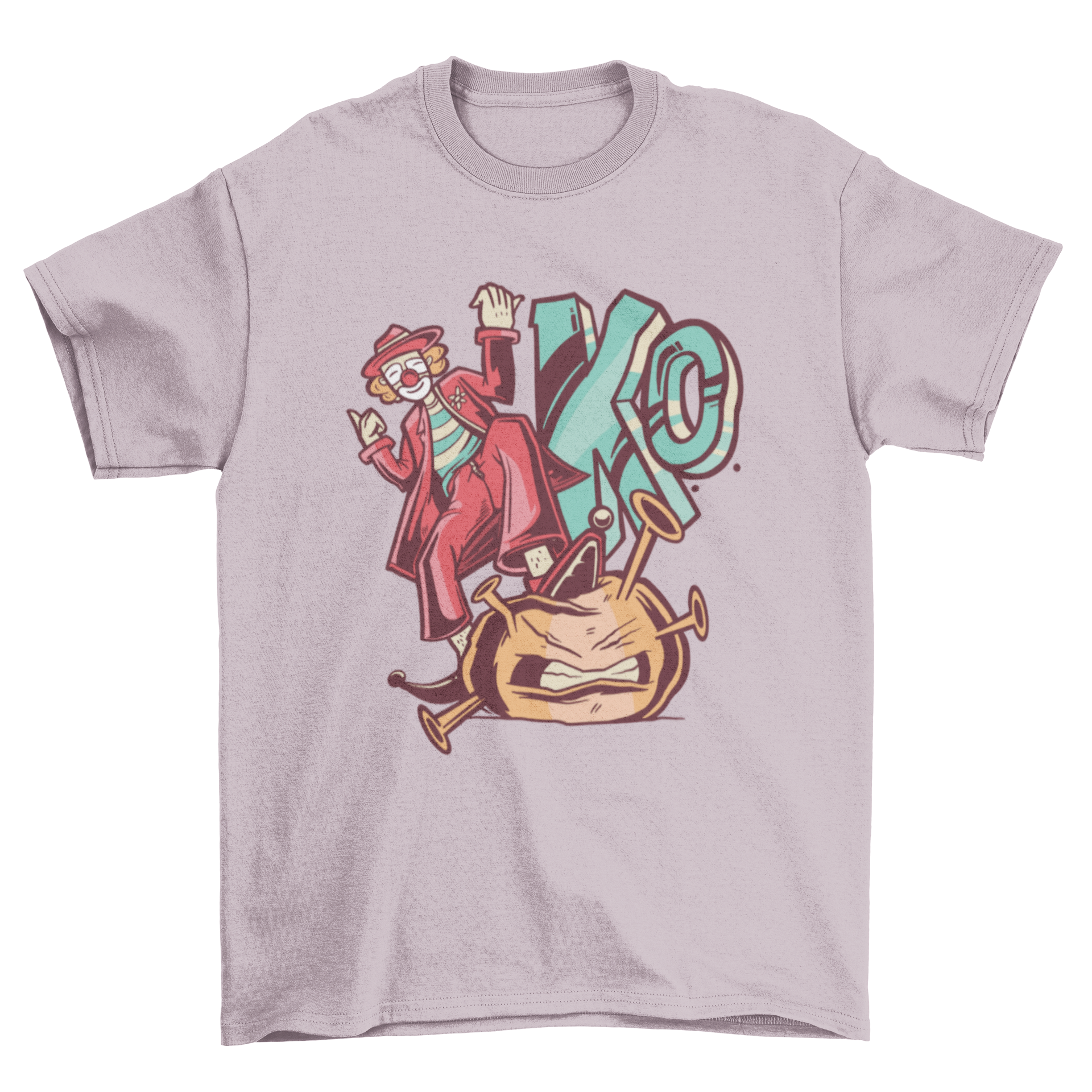 A colorful t-shirt featuring a clown humorously depicted as killing the coronavirus, showcasing a fun design.