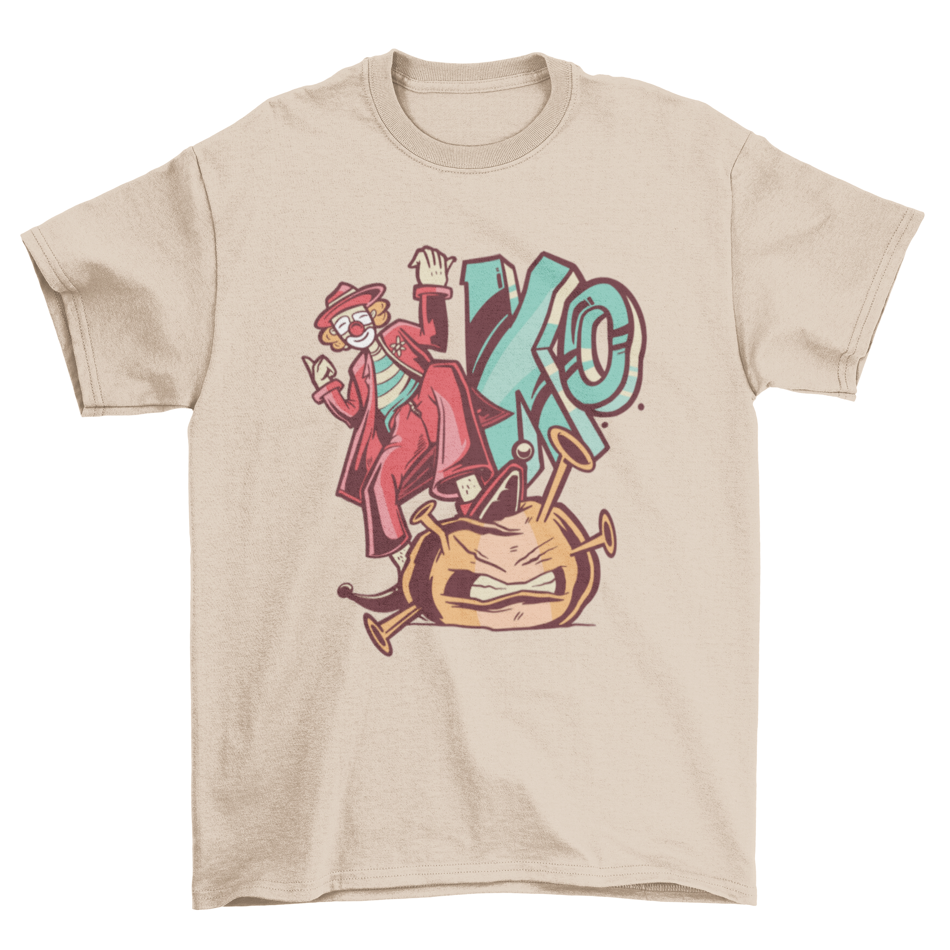 A colorful t-shirt featuring a clown humorously depicted as killing the coronavirus, showcasing a fun design.