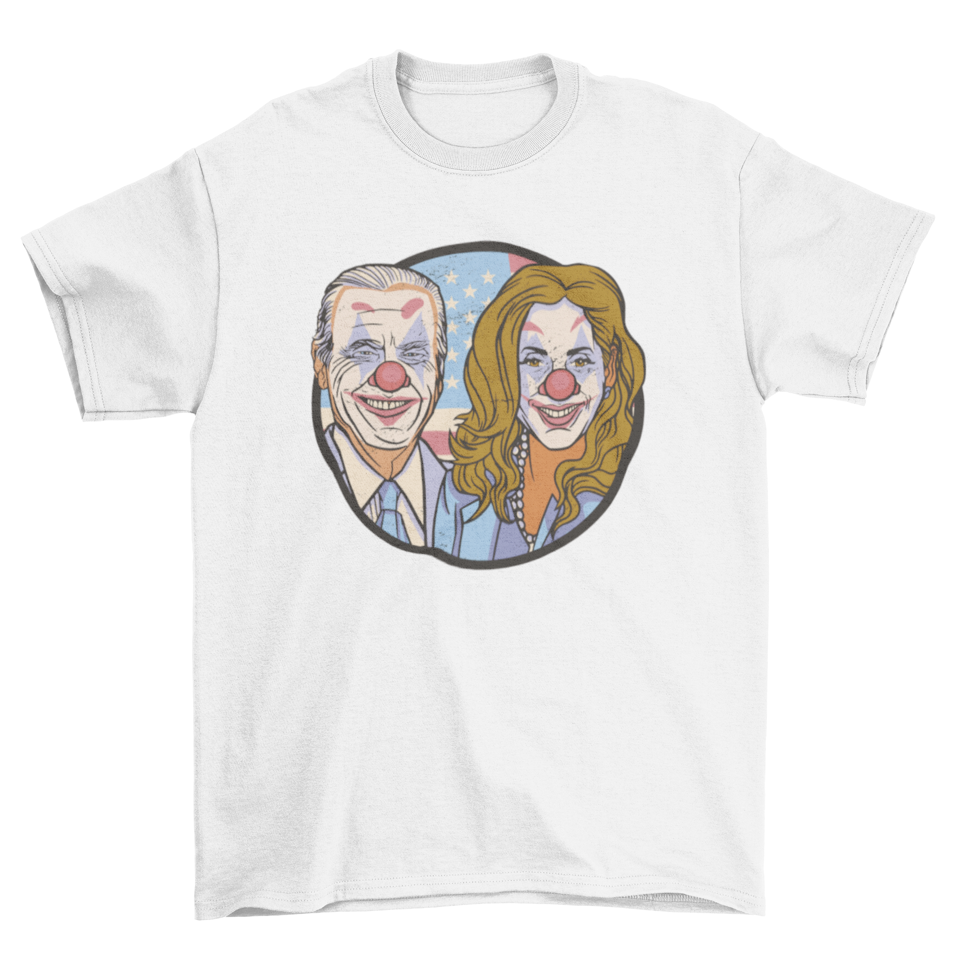 Clown Politicians Parody T-Shirt featuring Biden and Kamala as clowns, colorful and humorous design.