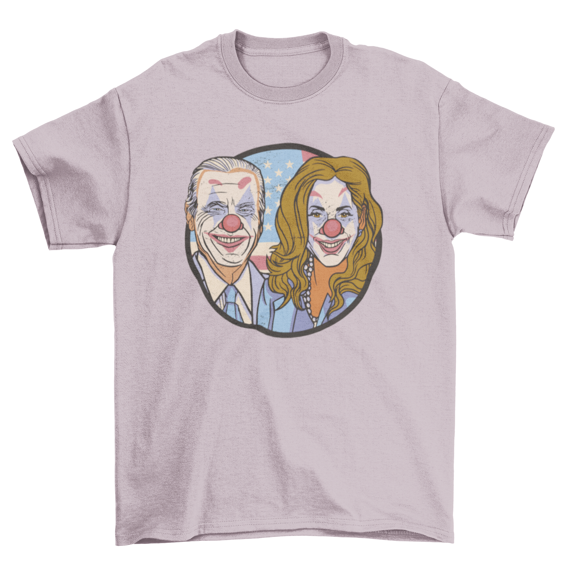 Clown Politicians Parody T-Shirt featuring Biden and Kamala as clowns, colorful and humorous design.