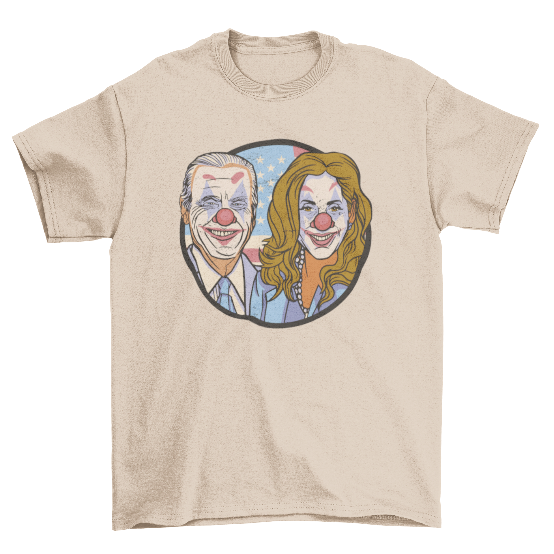 Clown Politicians Parody T-Shirt featuring Biden and Kamala as clowns, colorful and humorous design.