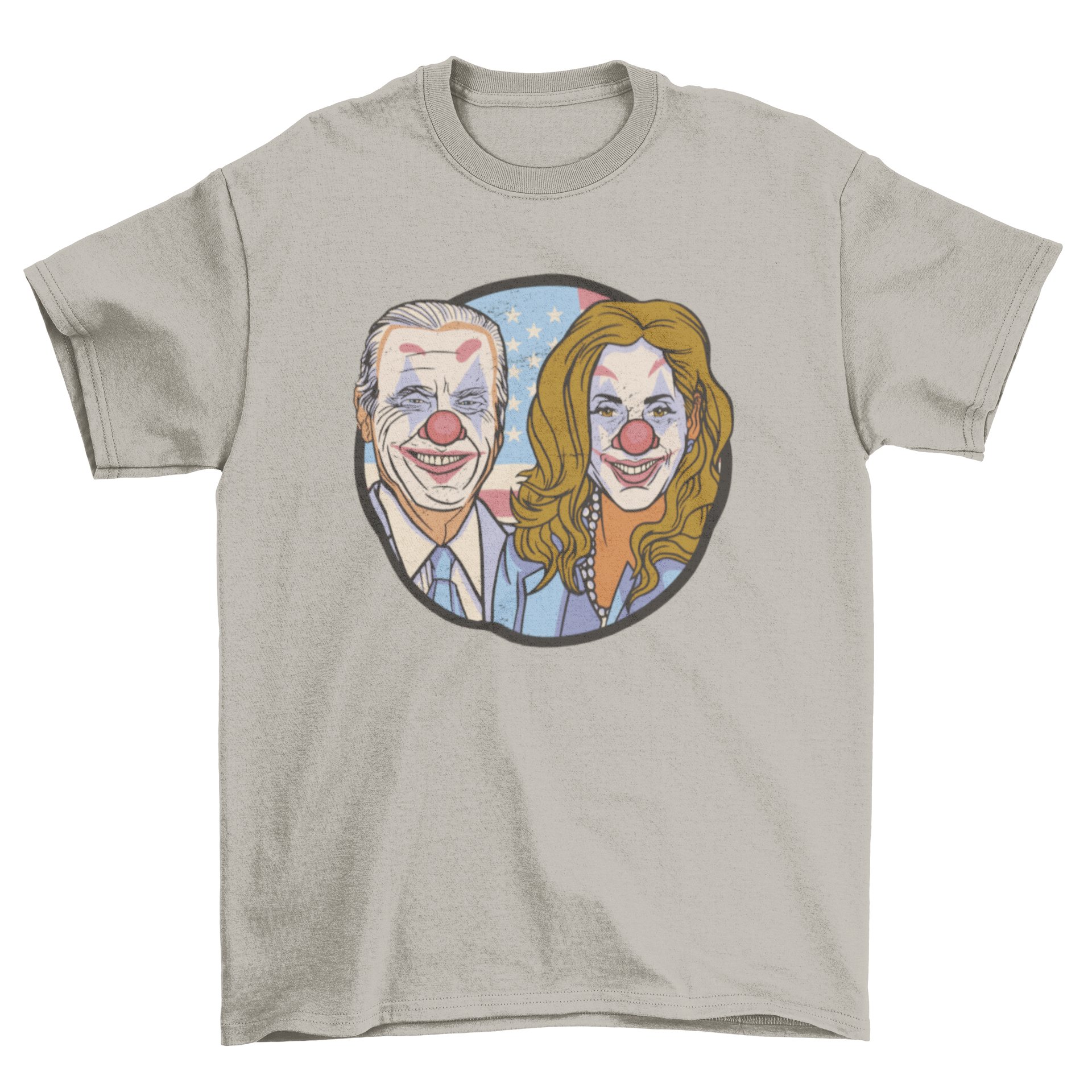 Clown Politicians Parody T-Shirt featuring Biden and Kamala as clowns, colorful and humorous design.