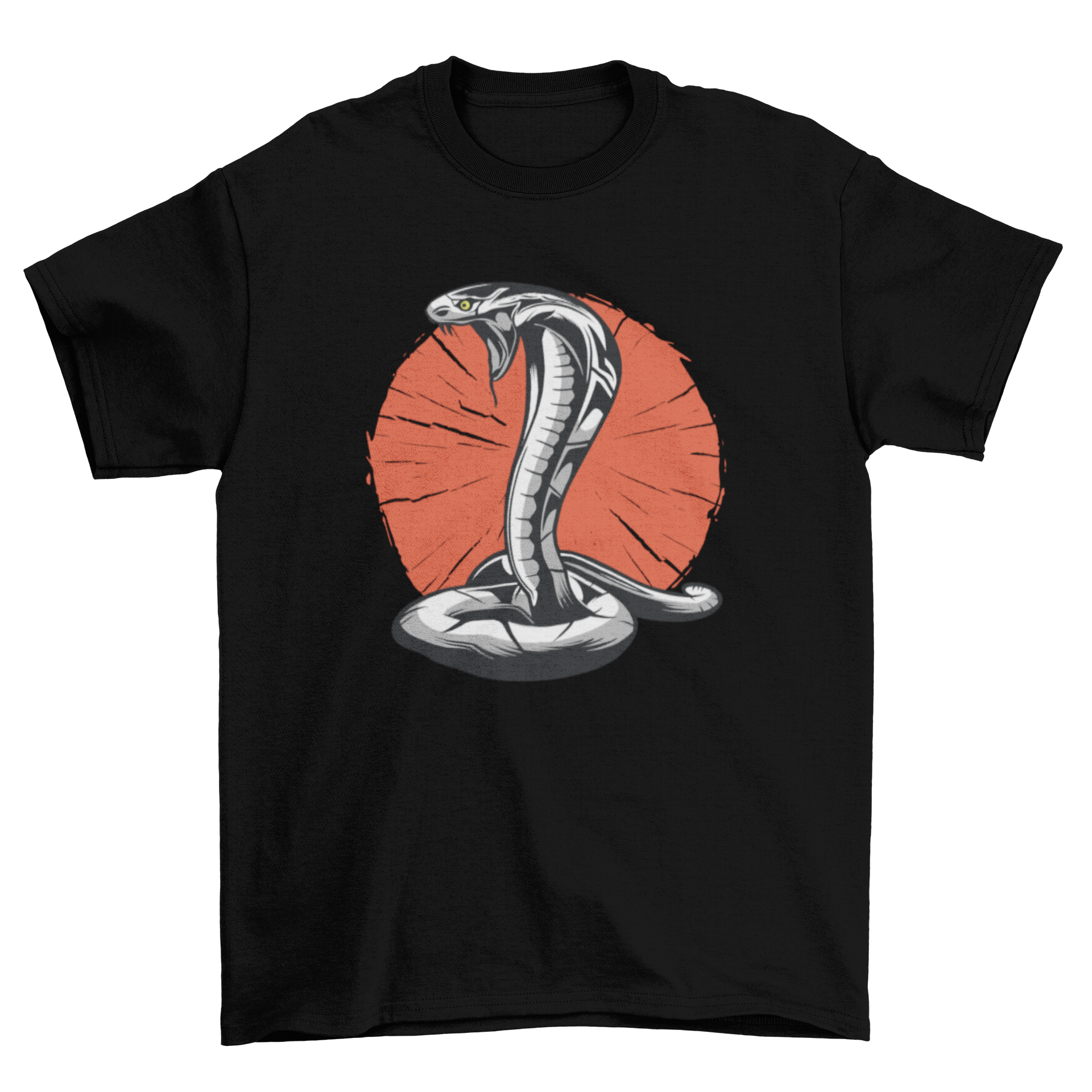 Cobra t-shirt design featuring a black and white cobra on an orange circle background.