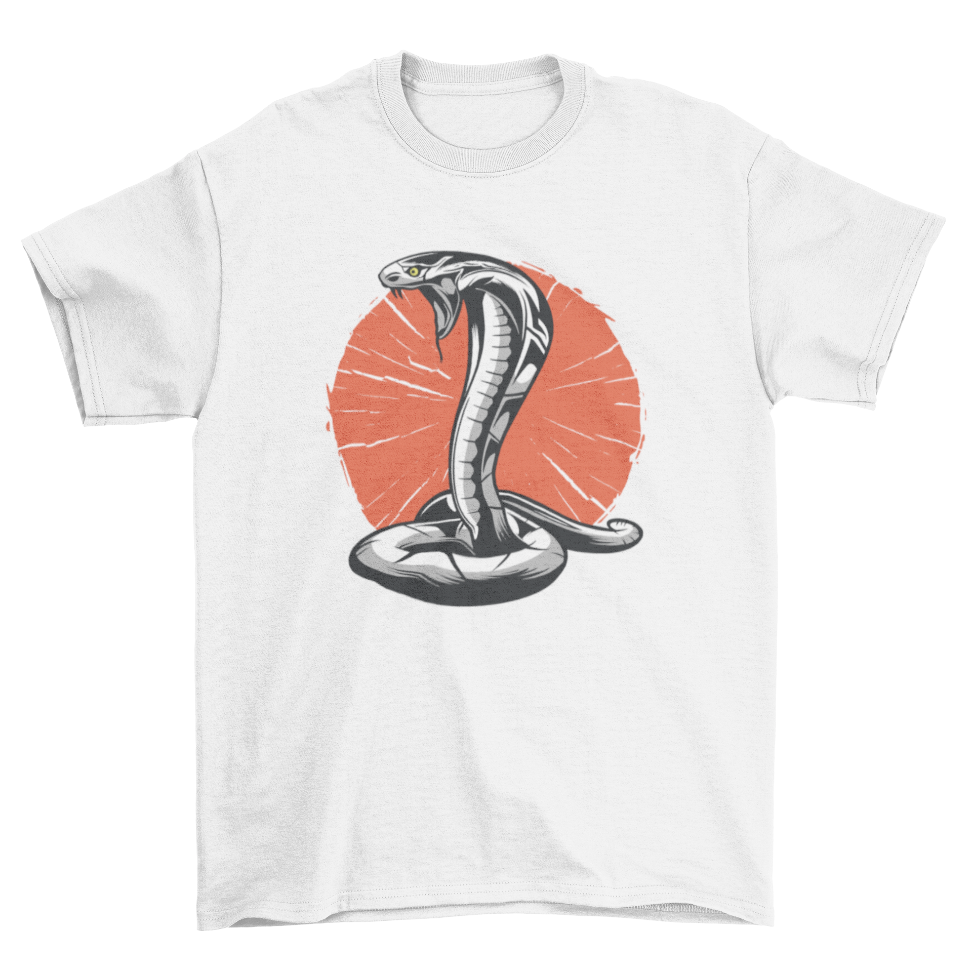 Cobra t-shirt design featuring a black and white cobra on an orange circle background.